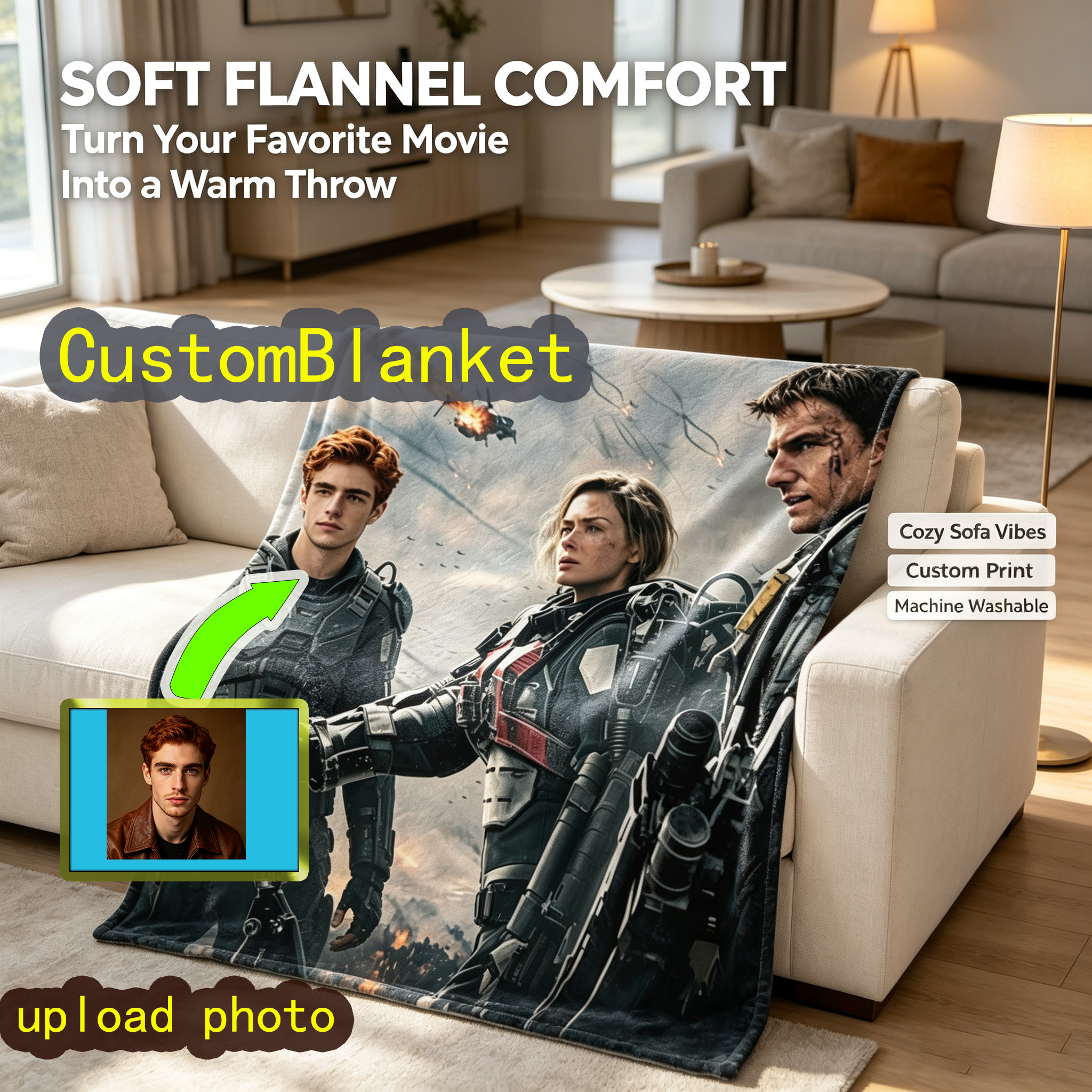 Custom Face Blanket - Sci-Fi Warrior Squad Movie Characters Flannel Blanket for Couch, Bed, or Travel - Perfect Gift for Fans of Action Movies and Military Themes