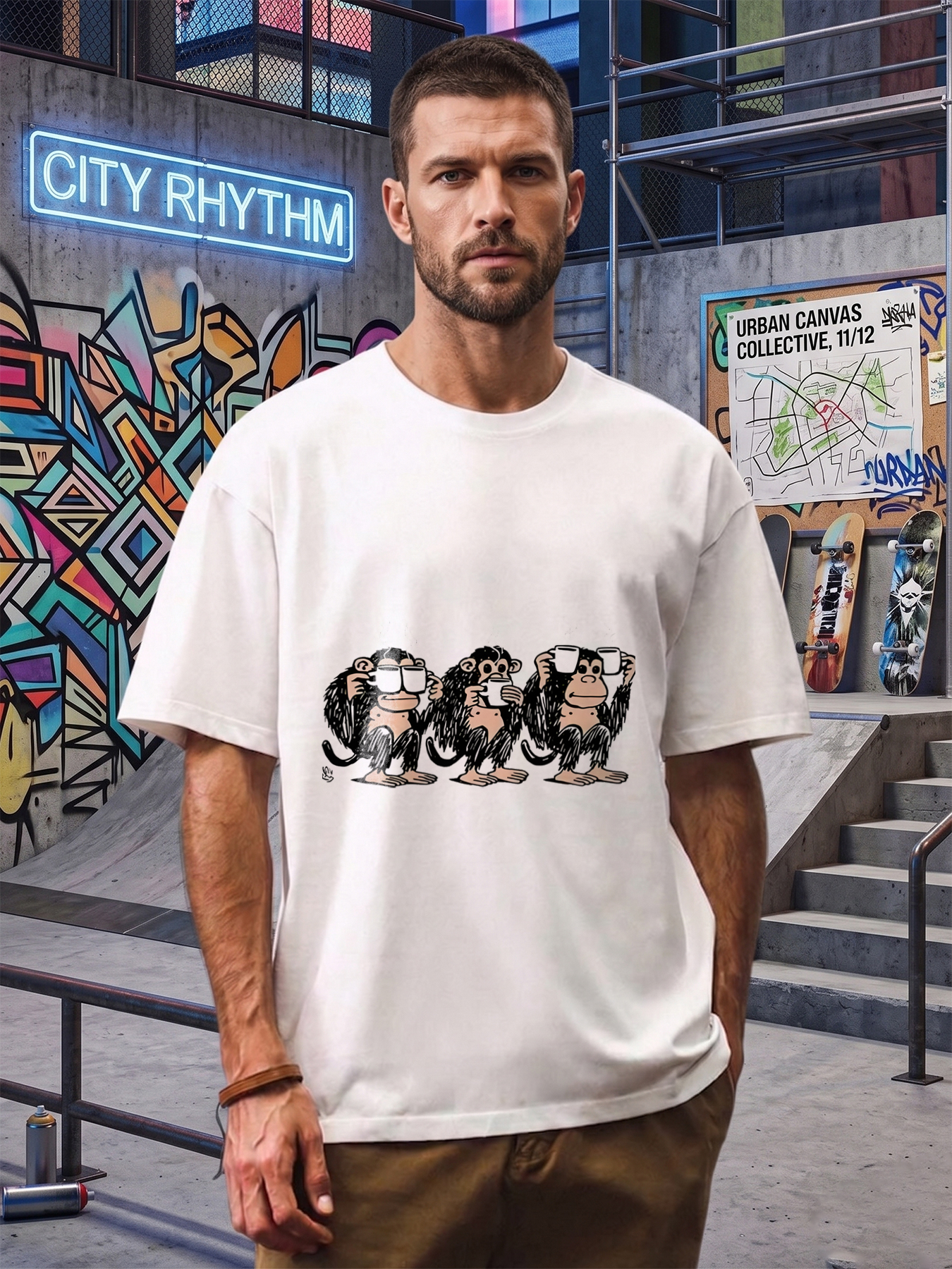 Men's Printed T-Shirt Coffee Monkey Cartoon Graphic Funny Casual Round Neck Lightweight Breathable Summer Short Sleeve Tee for Daily Wear Office Workouts Men and Women