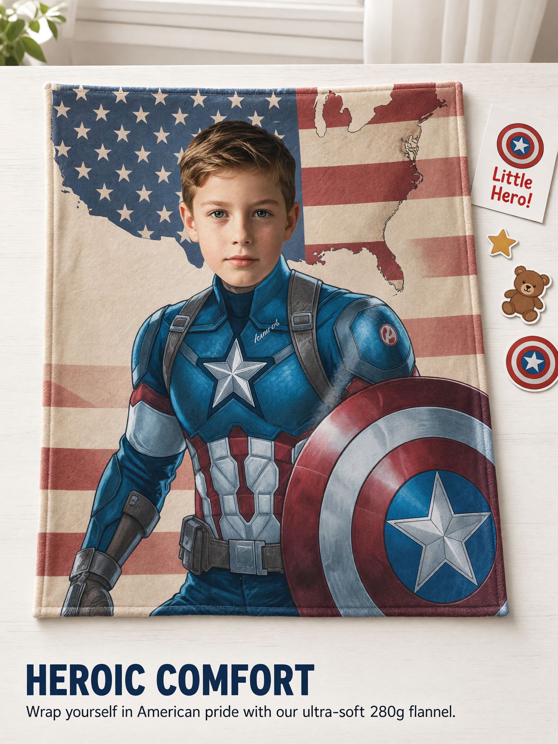 Custom Face Superhero Flannel Blanket Personalized Photo Throw Soft Patriotic Hero Bedding Gift for Kids and Adults