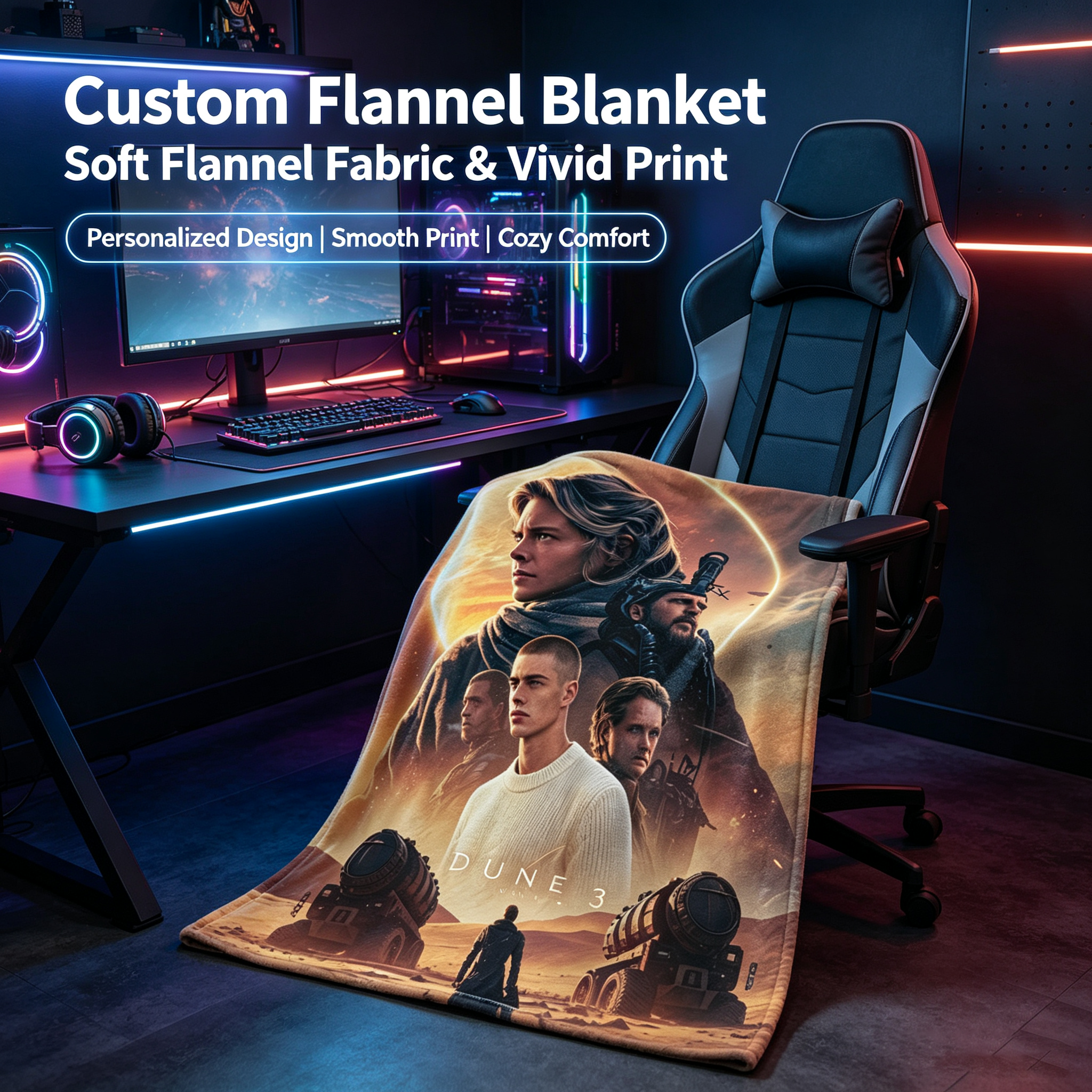 Custom Face Blanket Dune 3 The Holy War Flannel Blanket Desert Sci-Fi Movie Theme Cozy Bedding Gift for Fans