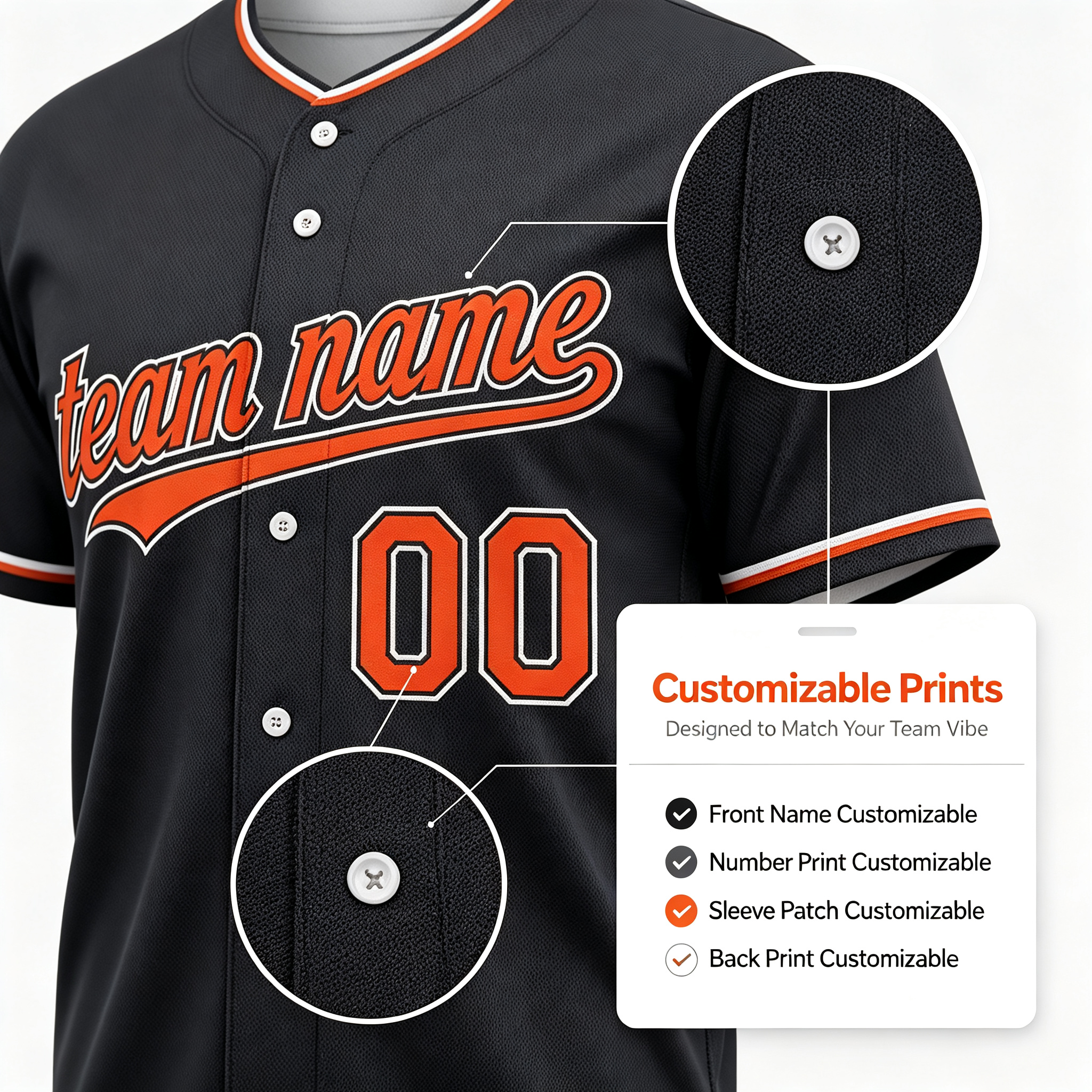 Custom Printed Detroit Script Style Baseball Jersey Anthracite Charcoal Orange Trim Button Down Shirt for Men and Women
