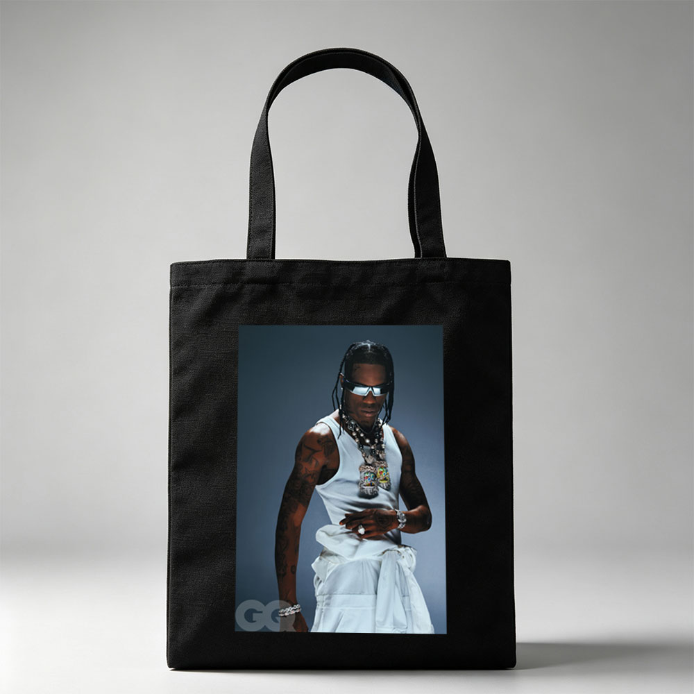 Travis Scott in a Fashion Editorial Pose Wearing a White Tank Top and Statement Jewelry for GQ - Canvas tote bags