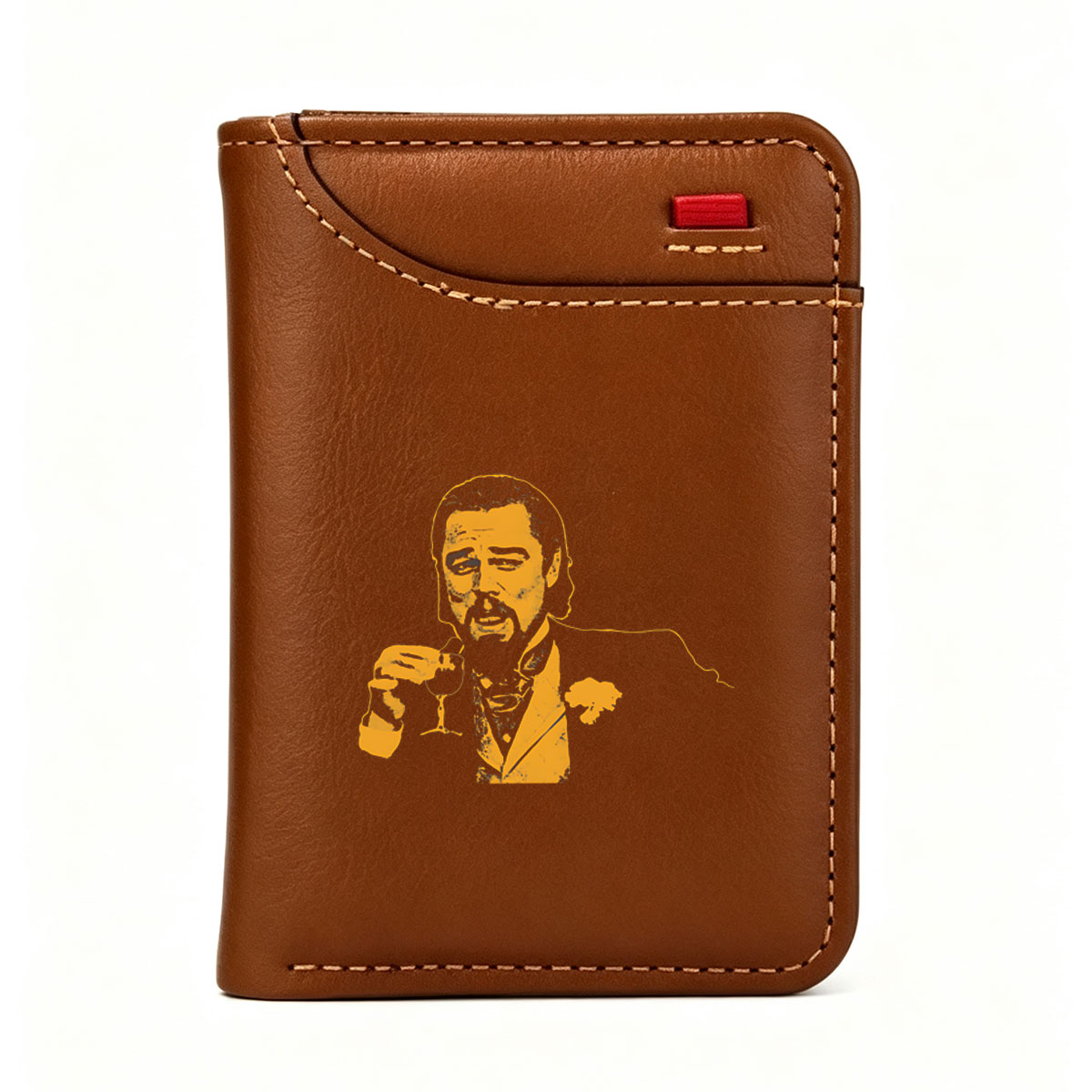 Liam Neeson as a suave gentleman holding a wine glass, stylized in bold yellow and black. - Vertical Style Wallet