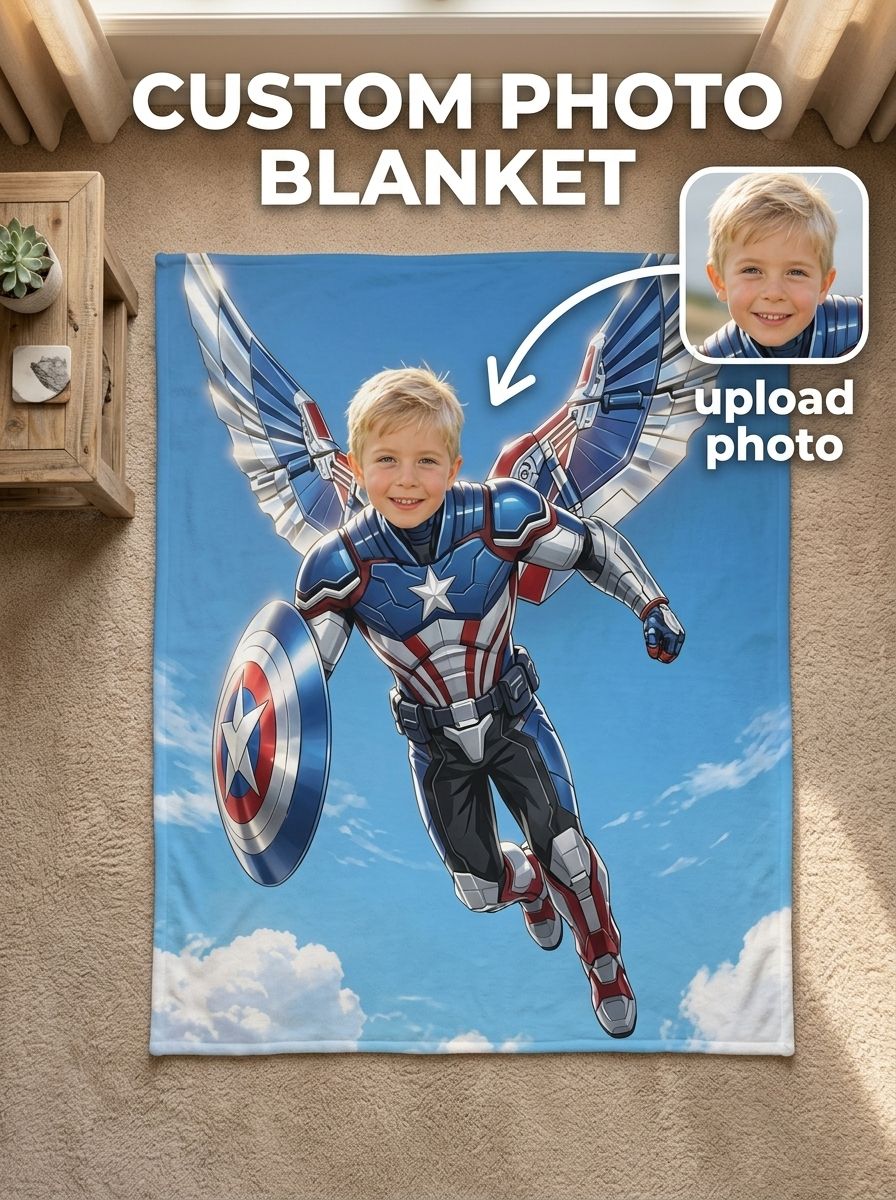 Custom Face Superhero Blanket Personalized Photo Fleece Throw Skin-Friendly Soft Flannel Cozy Gift for Kids and Family