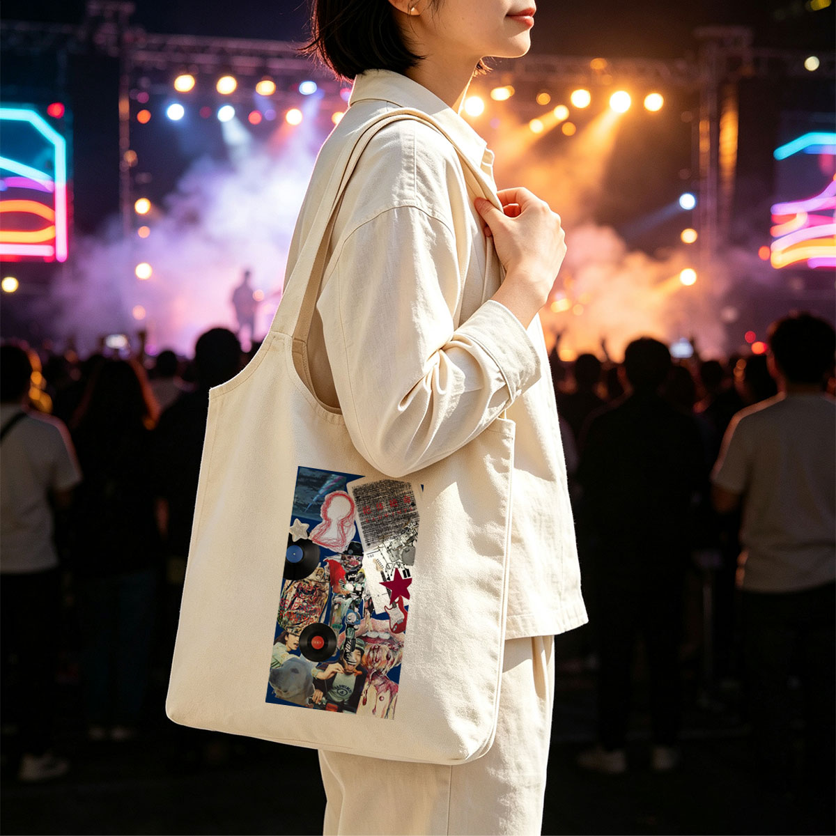 BTS Music Collage Featuring Vinyl Records, Guitars, and Artistic Elements - Canvas shoulder bags/