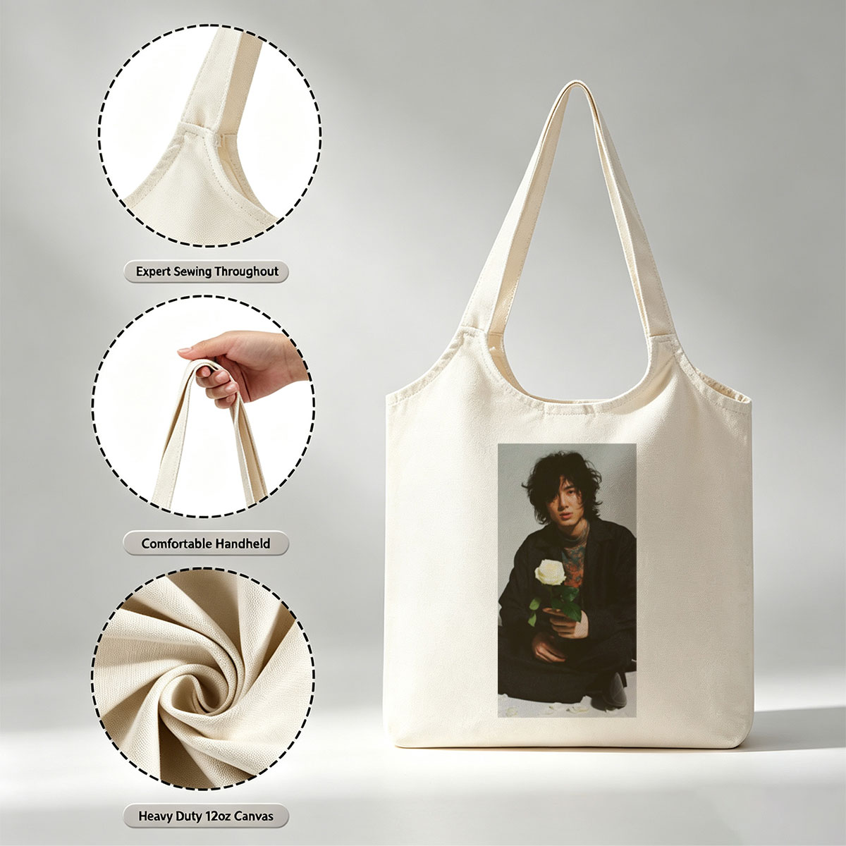 Yosuke Sugino Holding a White Rose in a Stylish Black Outfit with Petals Scattered Around - Canvas shoulder bags/