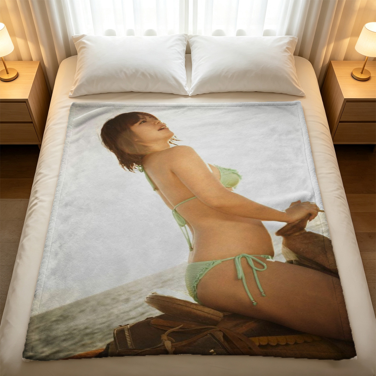 Lana Rhoades in Teal Micro Bikini on Bed - Blanket