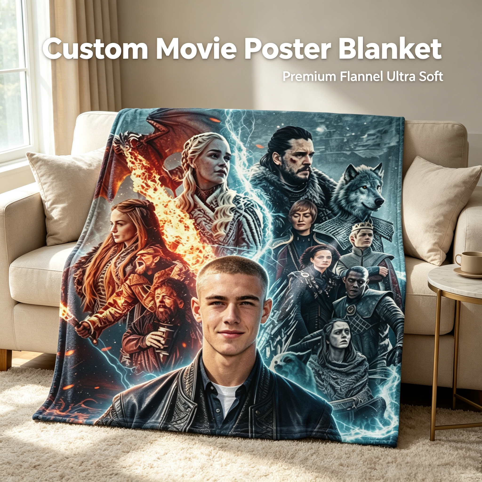 Custom Face Blanket Game of Thrones Characters Flannel Blanket Cozy Bedding Gift for Fans and Collectors