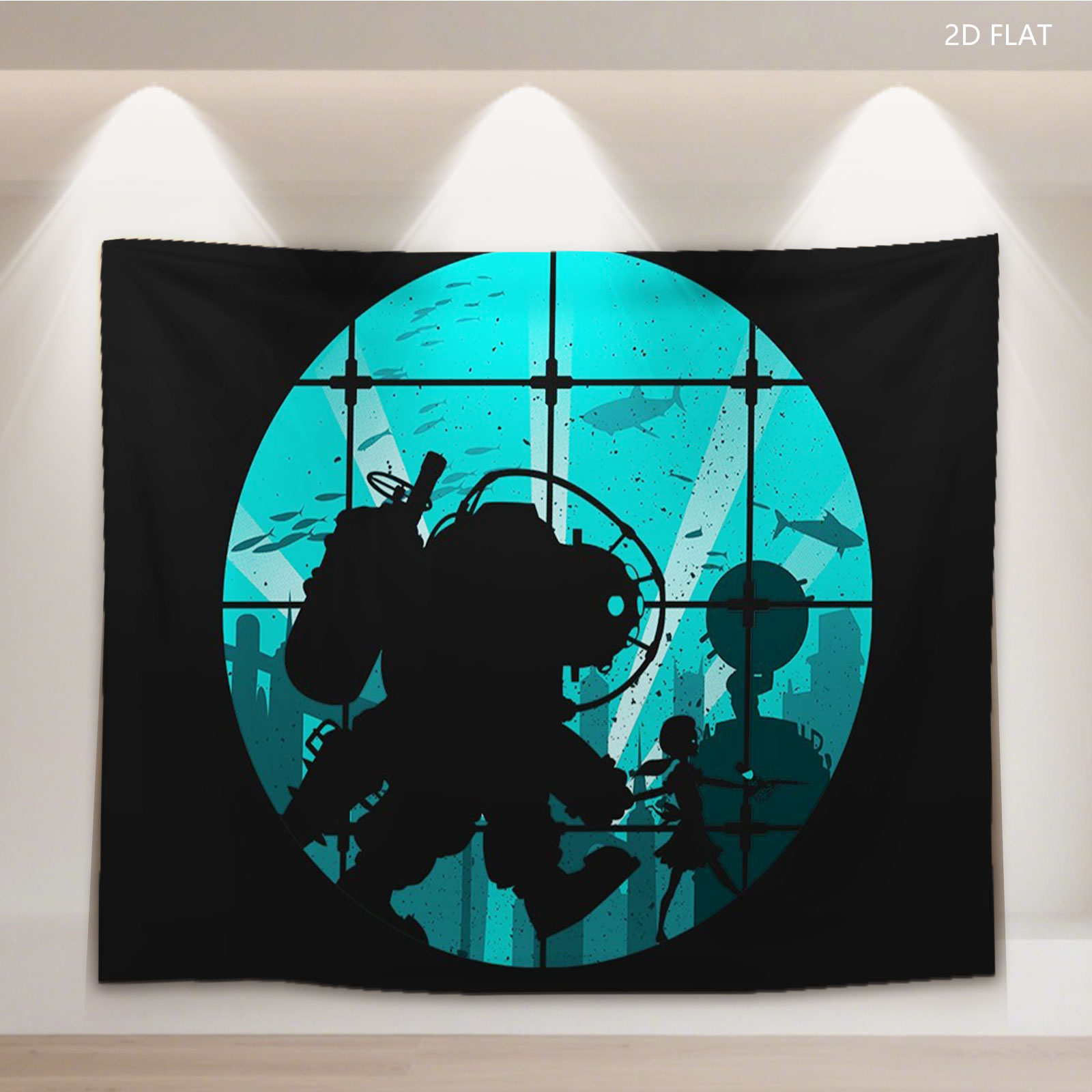 Deep Sea Diver and Child in Underwater City Silhouette - Tapestry