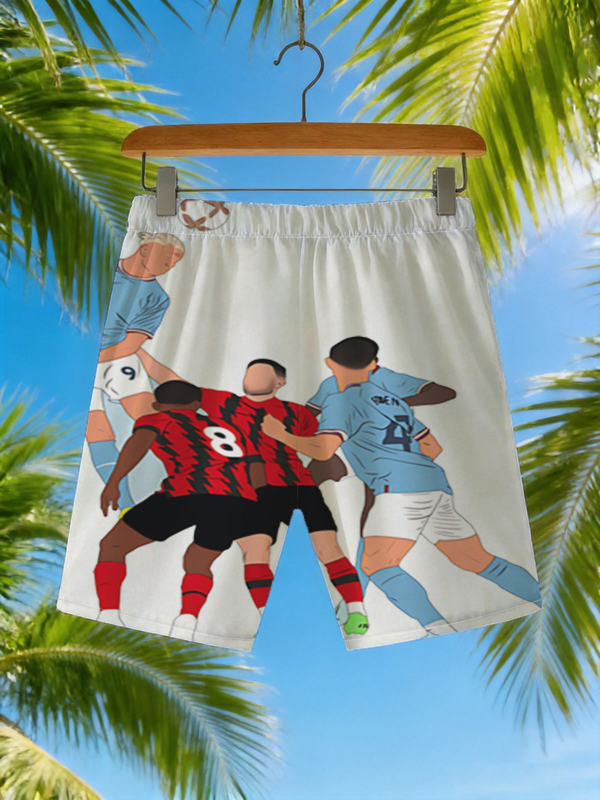 Soccer Players in Action: Blue vs Red Team Duel for Header -  Beach shorts