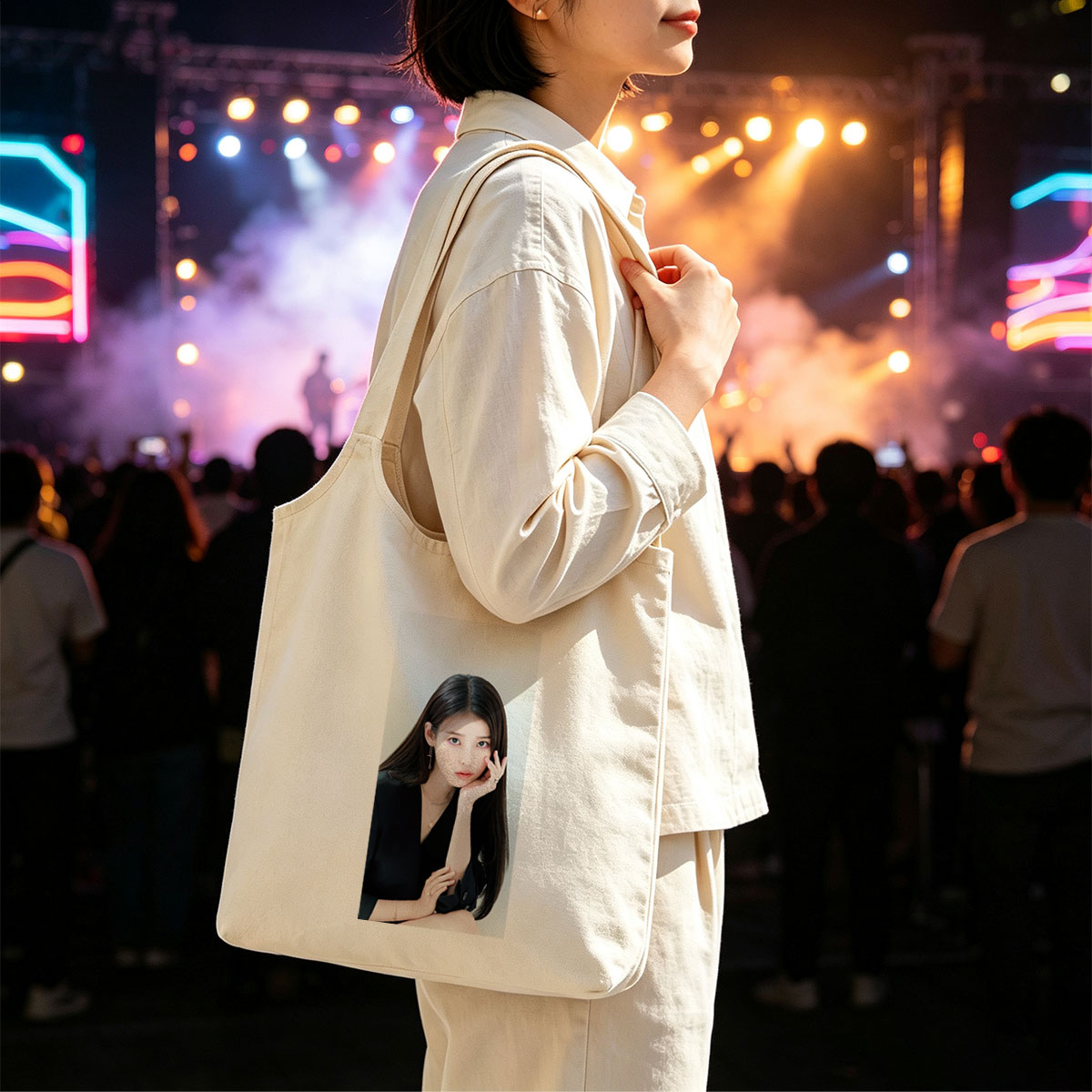 IU in a Minimalist Portrait with Elegant Black Attire and Delicate Jewelry - Canvas shoulder bags/