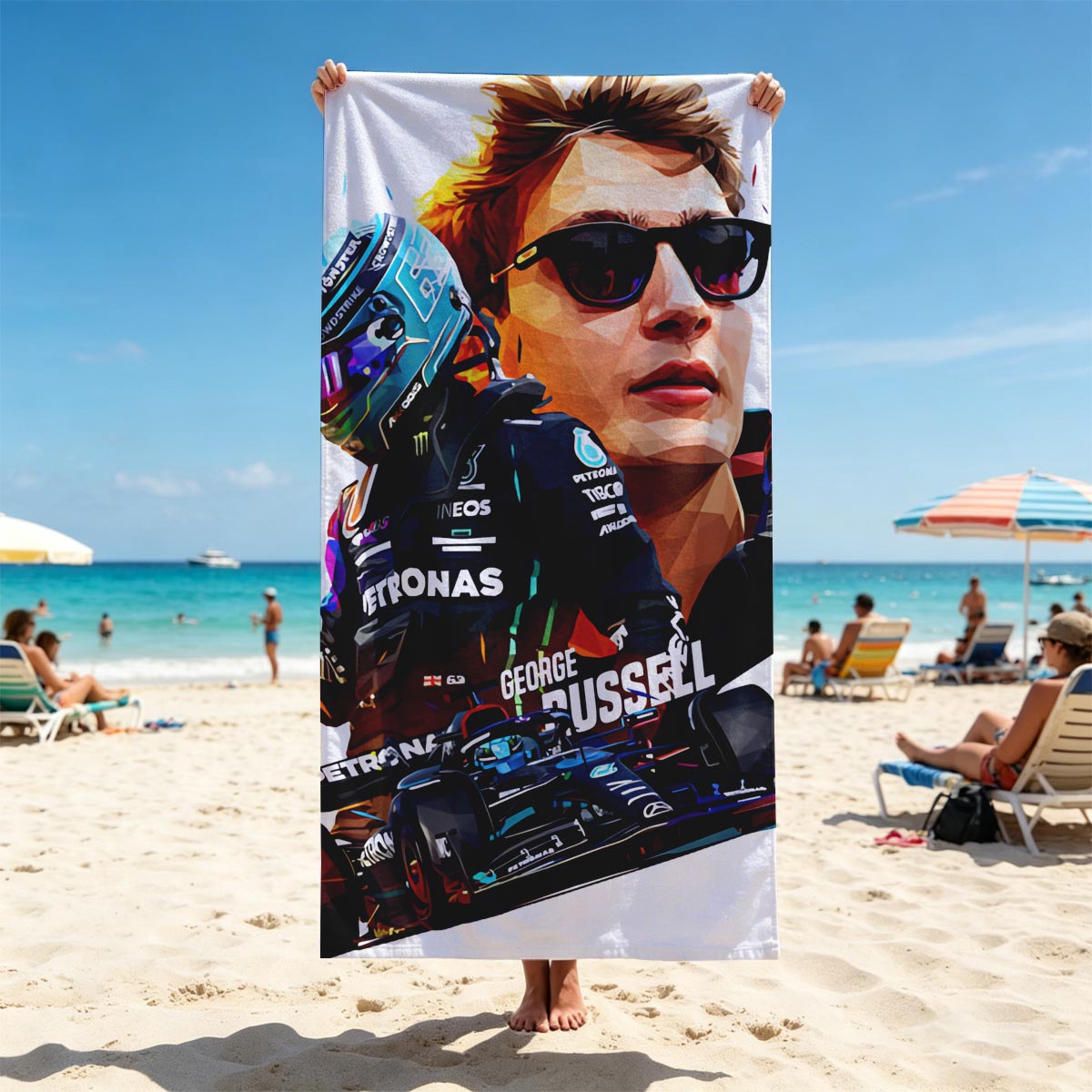George Russell F1 Driver in Petronas Racing Gear with Formula 1 Car - Beach towels