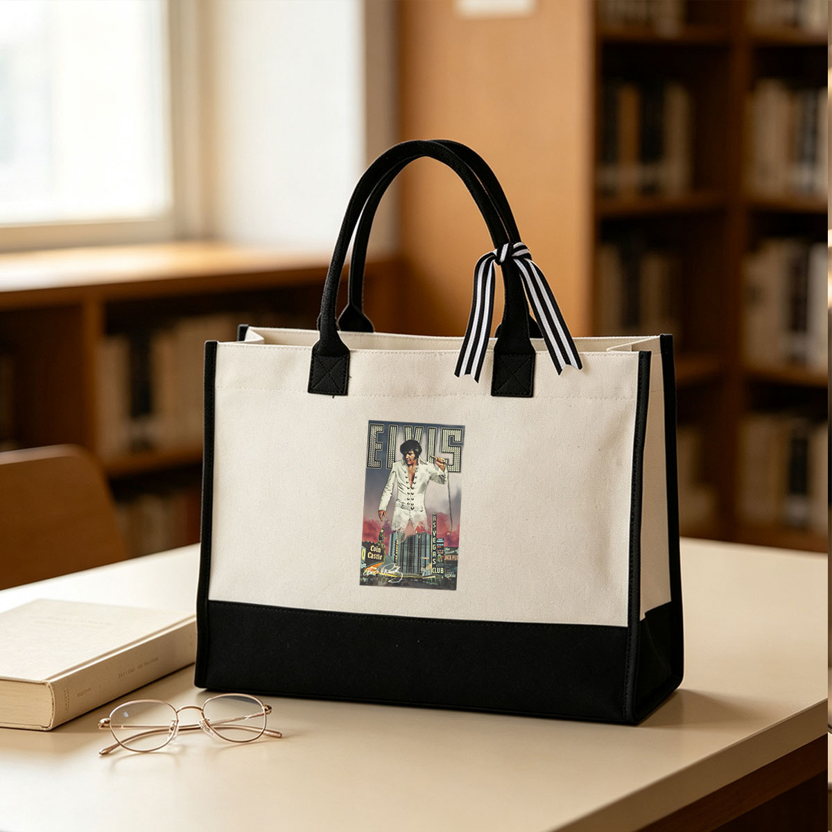 Elvis Presley in Vegas: The King of Rock 'n' Roll at the Golden Gate and Coin Castle - Canvas patchwork gift tote bag