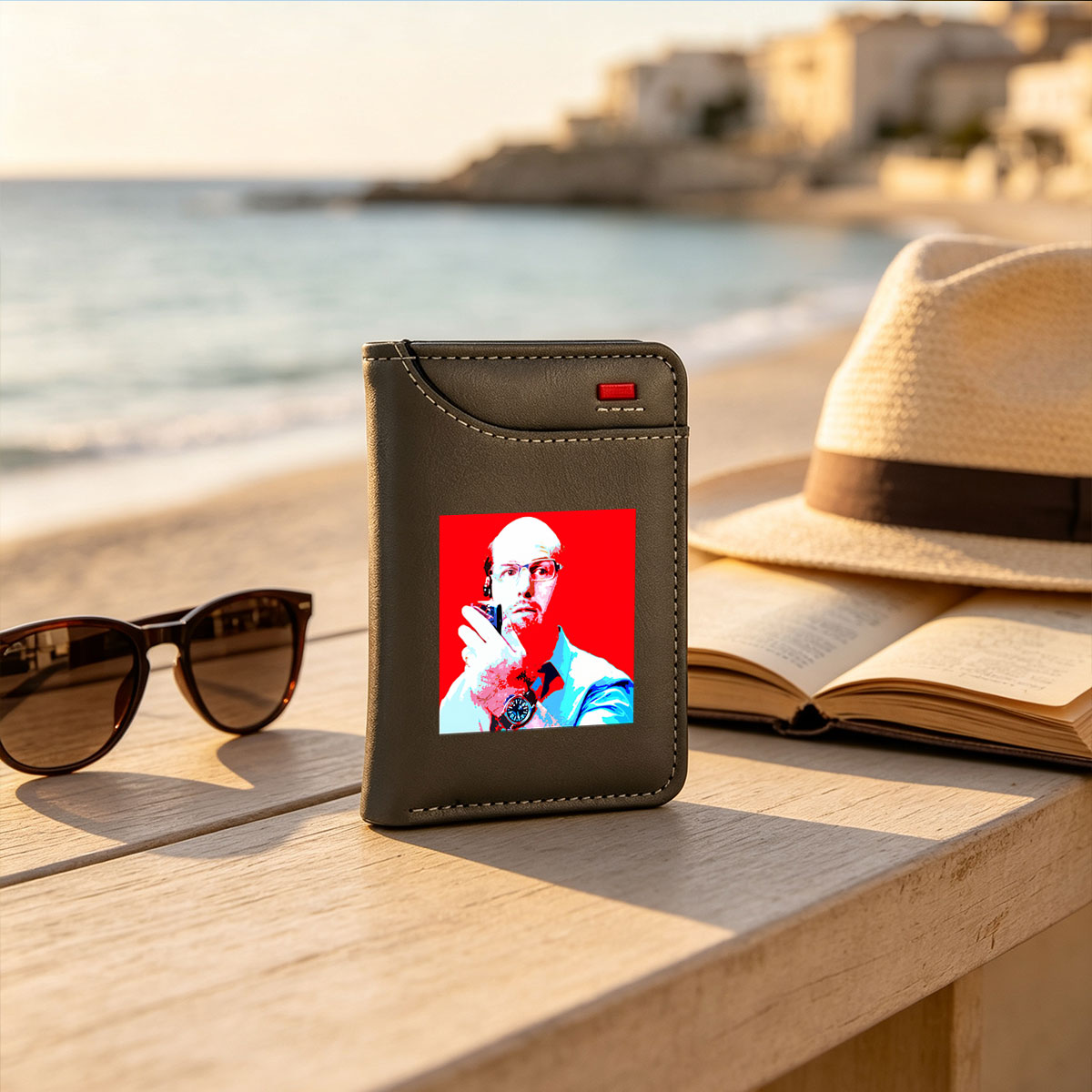Bald Man with Glasses Holding Phone, Wearing Watch, Red Background - Vertical Style Wallet