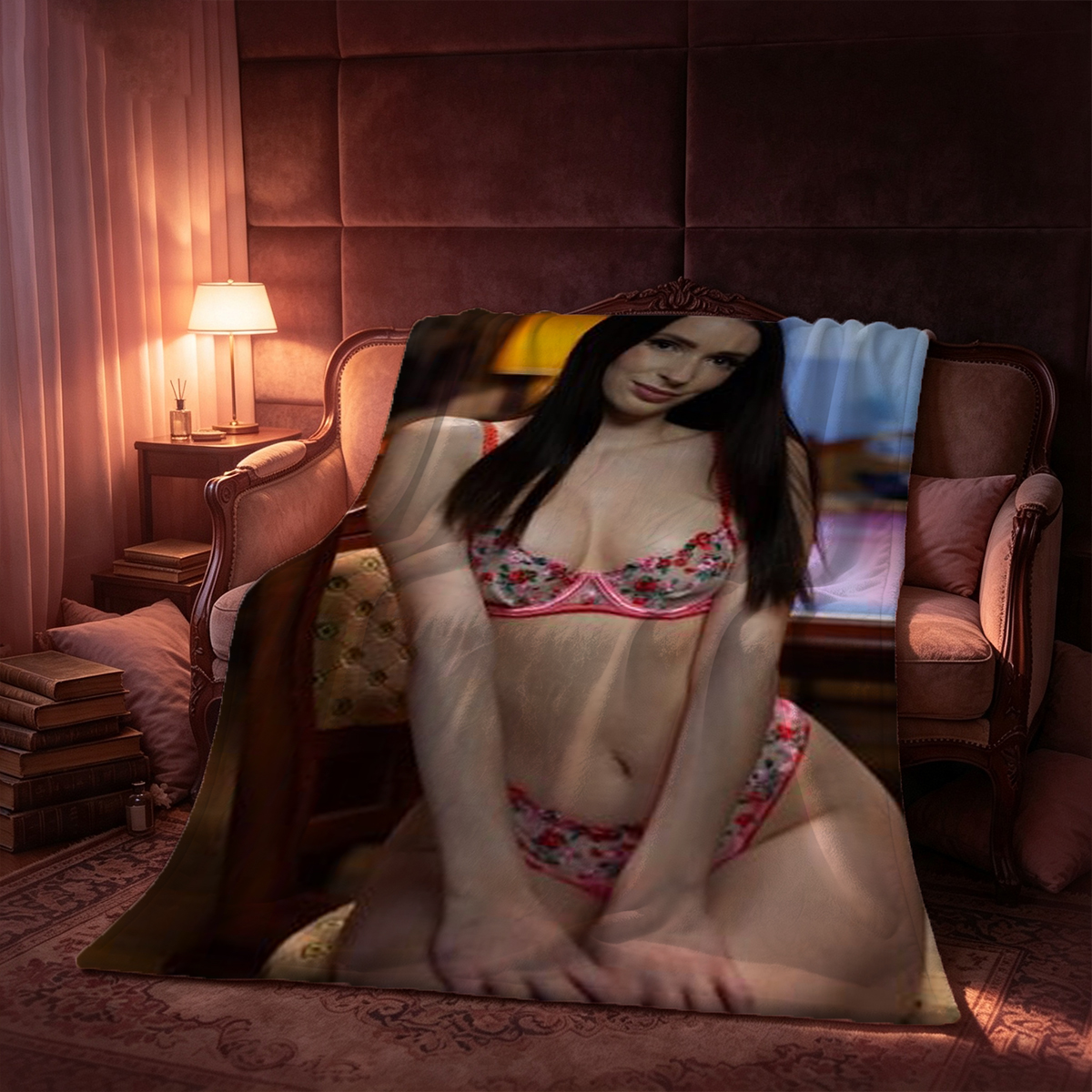 Nude Model in Pink Panties Sitting on Bathroom Counter - Blanket