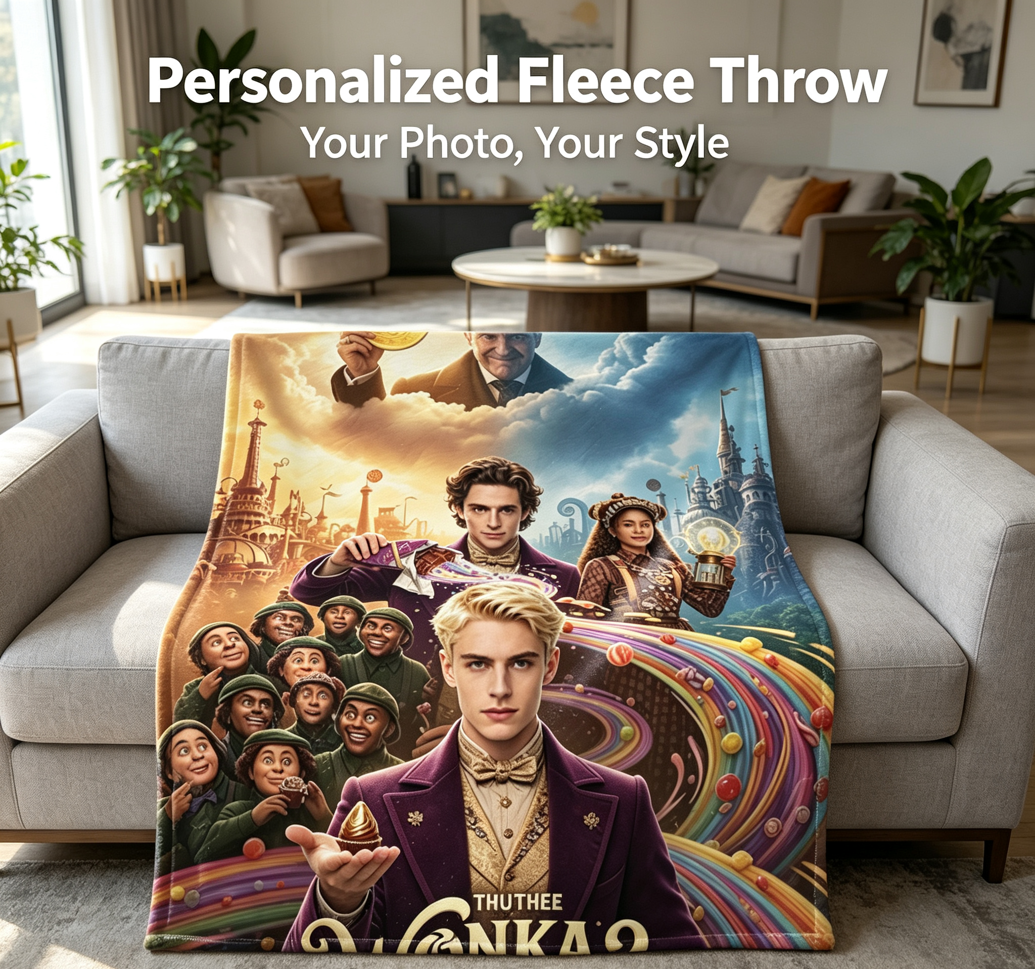 Custom Face Blanket Wonka 2 The Chocolate Empire Flannel Blanket Movie Themed Gift for Fans and Collectors