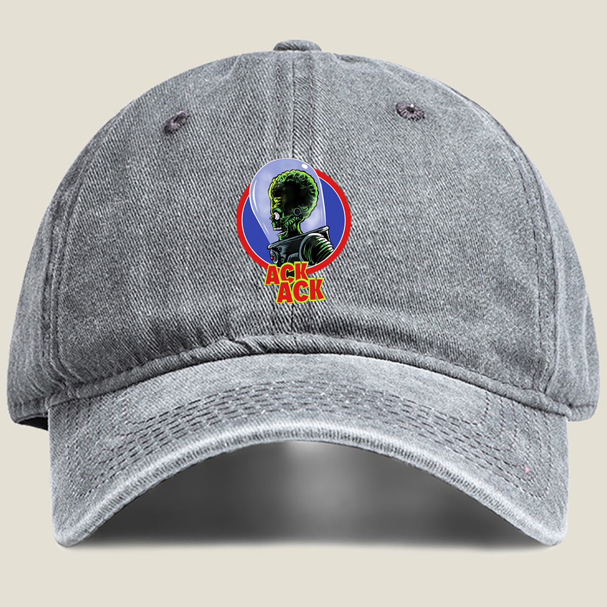 Ack Ack: Green Alien in Space Helmet - Washed Denim - Baseball Cap