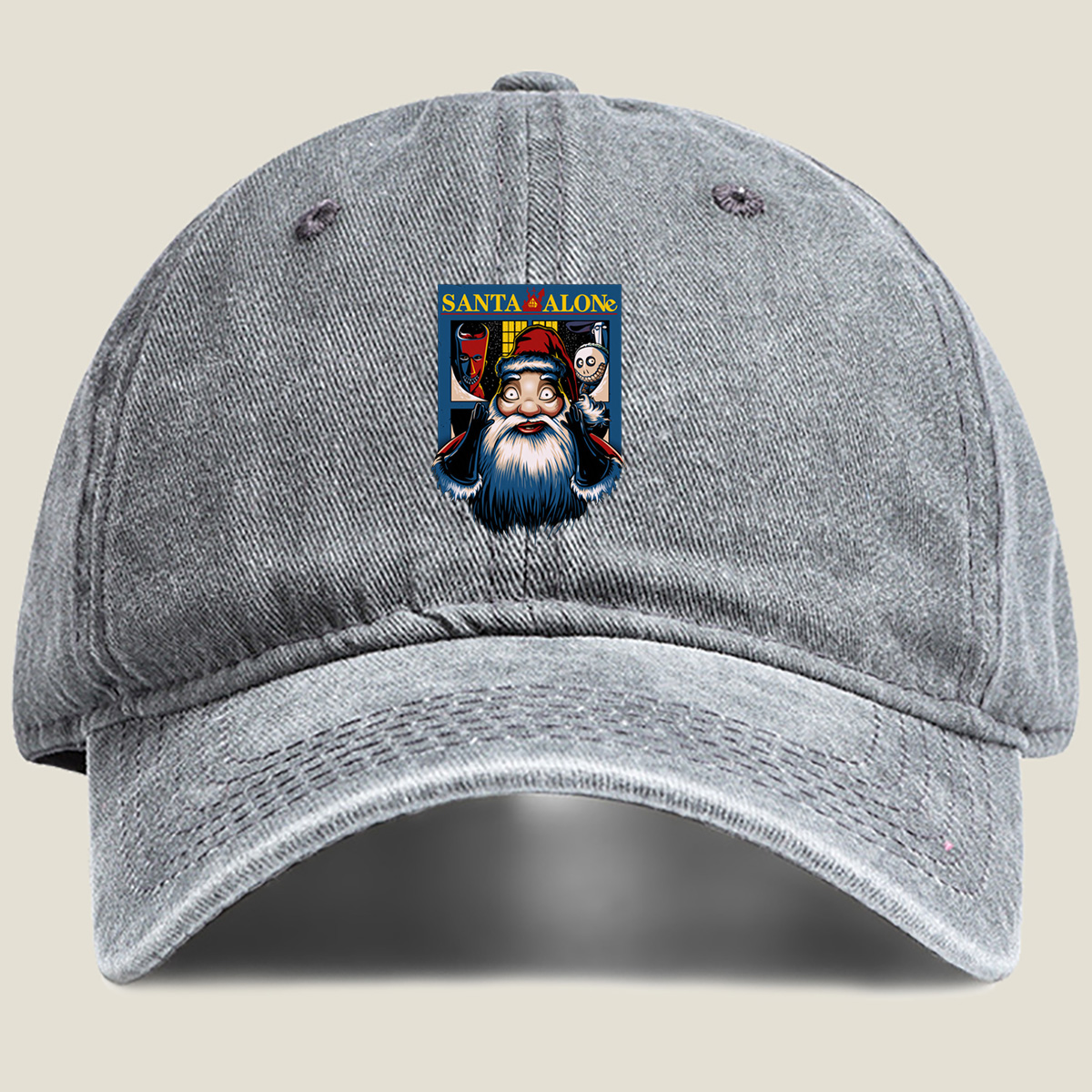 Santa Alone: Santa Claus, Jack Skellington, and Red Mask - Washed Denim - Baseball Cap