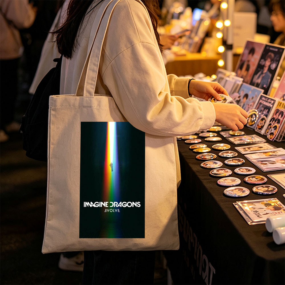 Imagine Dragons Evolve Album Cover with Rainbow Light Beam and Floating Figure - Canvas tote bags