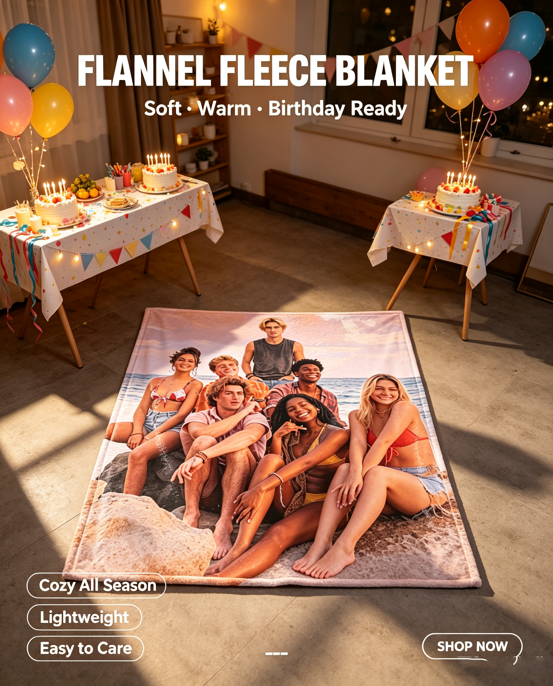 Custom Face Blanket Featuring Beach Group Portrait Flannel Blanket Perfect for Cozy Nights and Ideal Gift or Giveaway