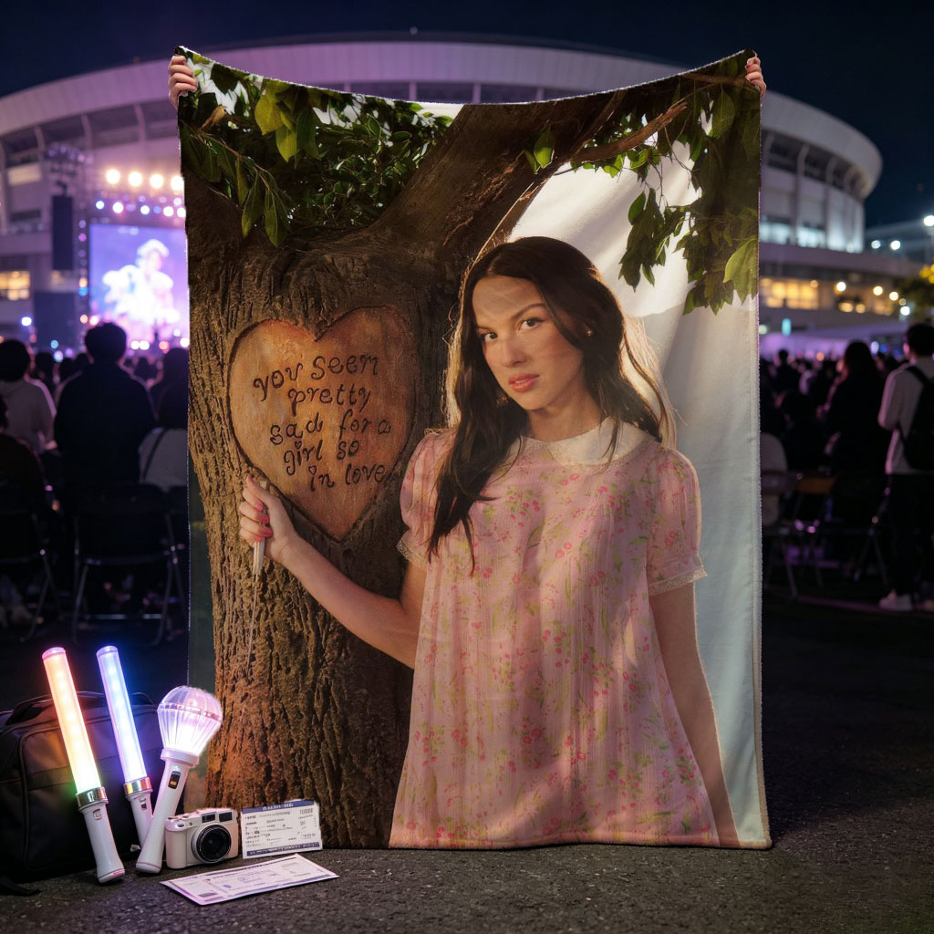 Olivia Rodrigo in a Romantic Outdoor Scene Wearing a Pink Floral Dress Leaning Against a Tree with a Heart Carved Message - Blankets