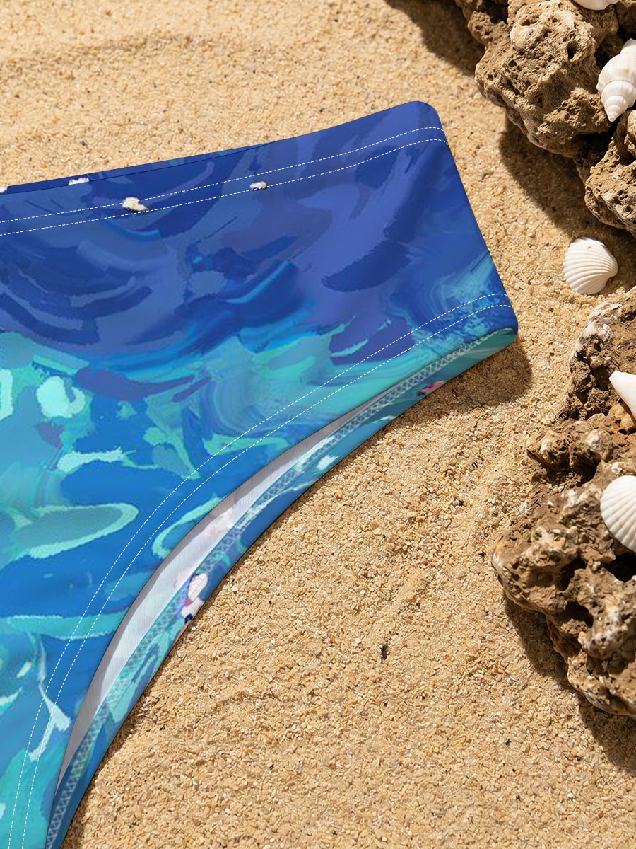 Ducks floating on a vibrant blue pond with scattered petals -  Men's swim trunks