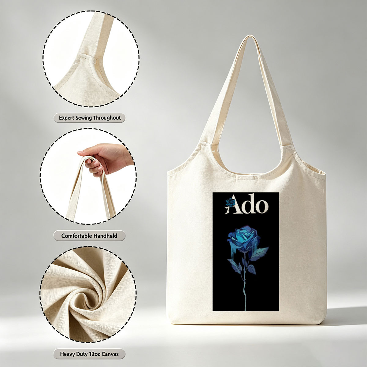 Ado Blue Rose on Black Background - Canvas shoulder bags/