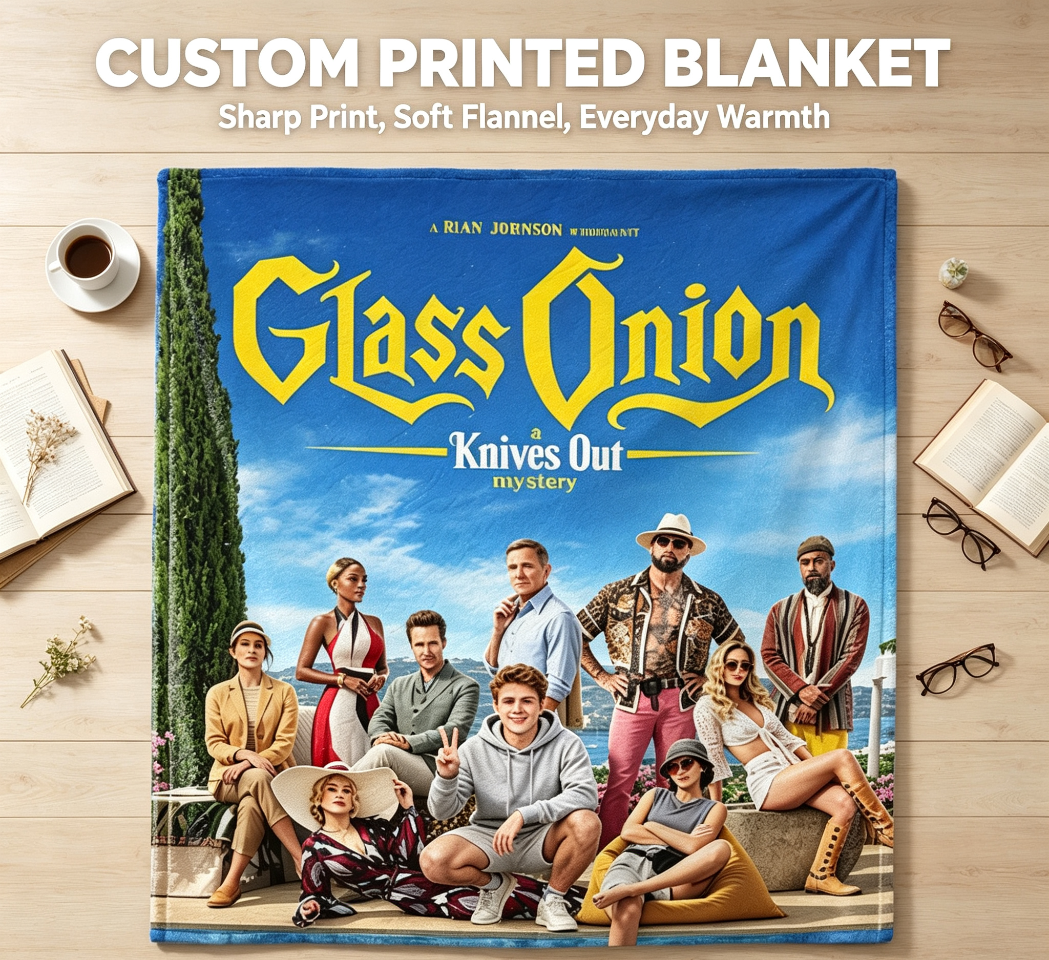 Custom Face Blanket Glass Onion Knives Out Mystery Flannel Blanket Movie-Themed Cozy Throw Perfect for Fans of Rian Johnson Films Ideal Gift or Giveaway for Cinema Lovers