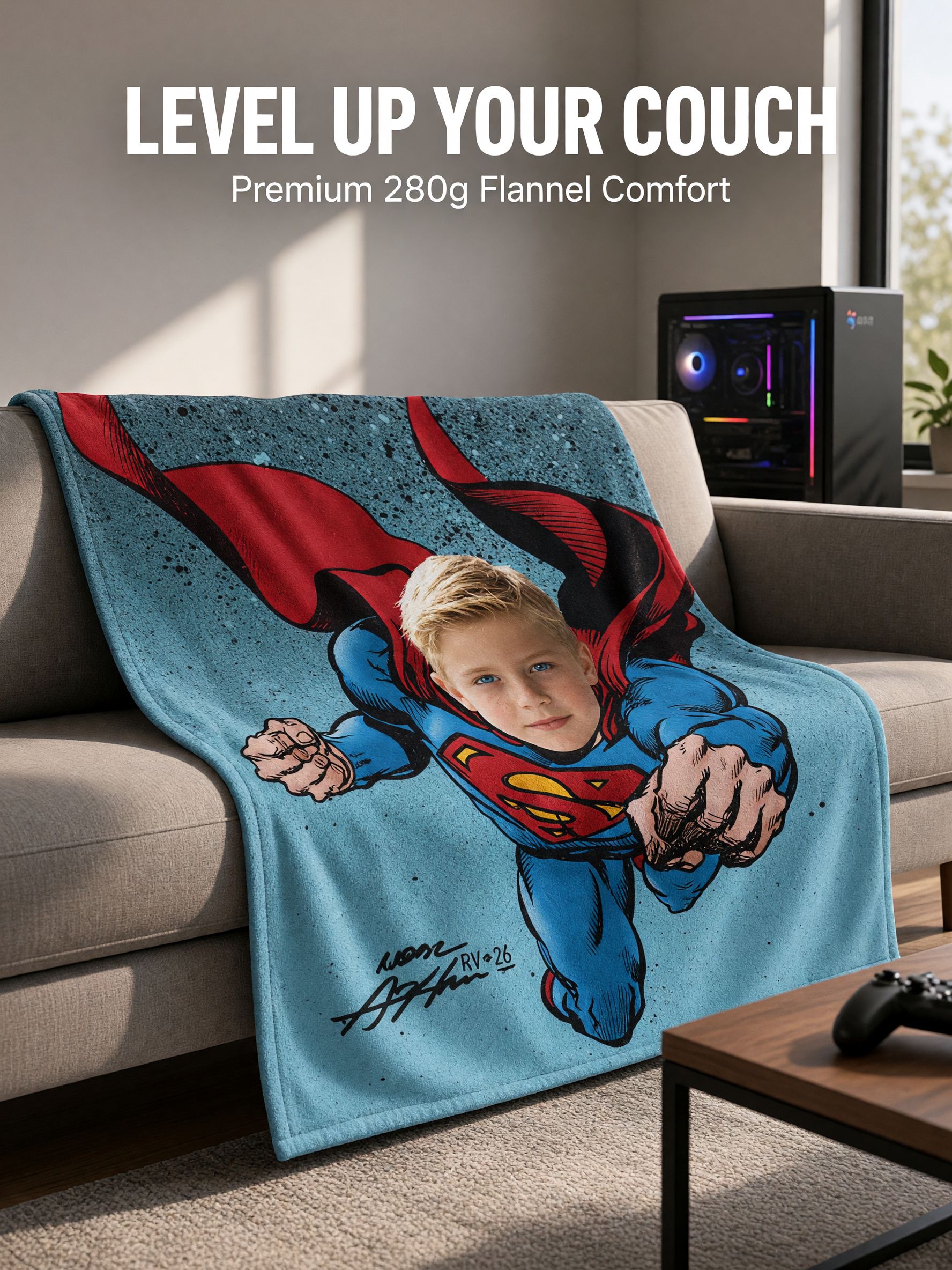 Personalized Superhero Photo Blanket Custom Face Flannel Throw Skin-Friendly Fleece Wrap for Kids and Family