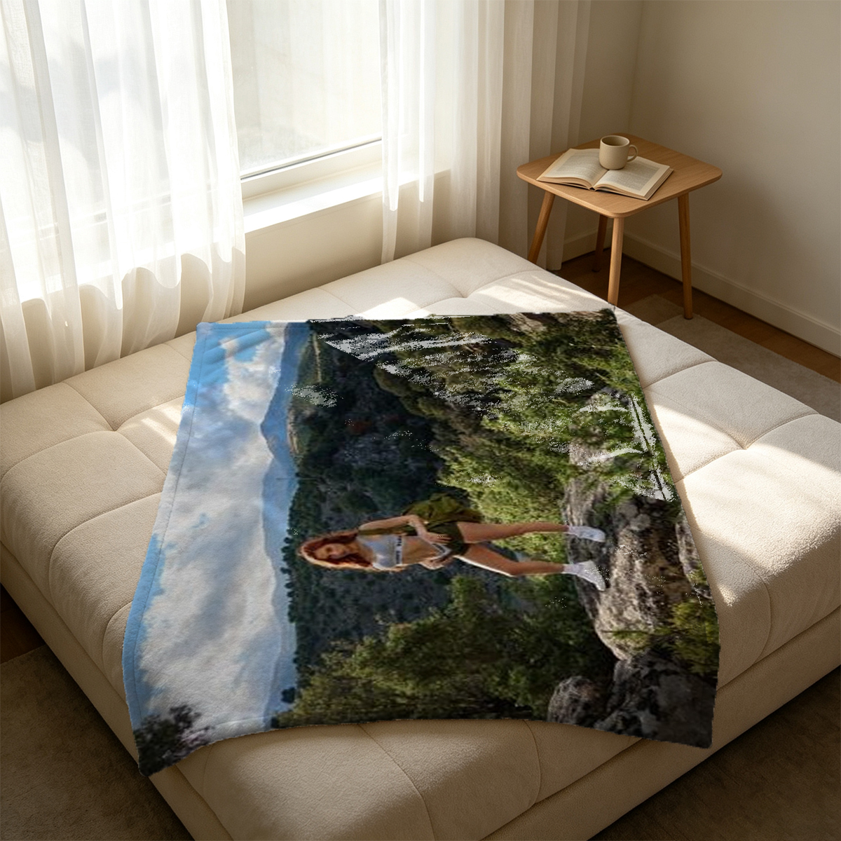 Nude Asian Woman in Black Stockings Leaning Against Wall with Knit Cardigan - Blanket