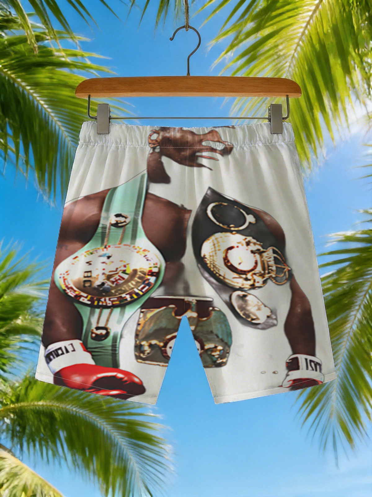 Mike Tyson in Boxing Glory with Championship Belts -  Beach shorts