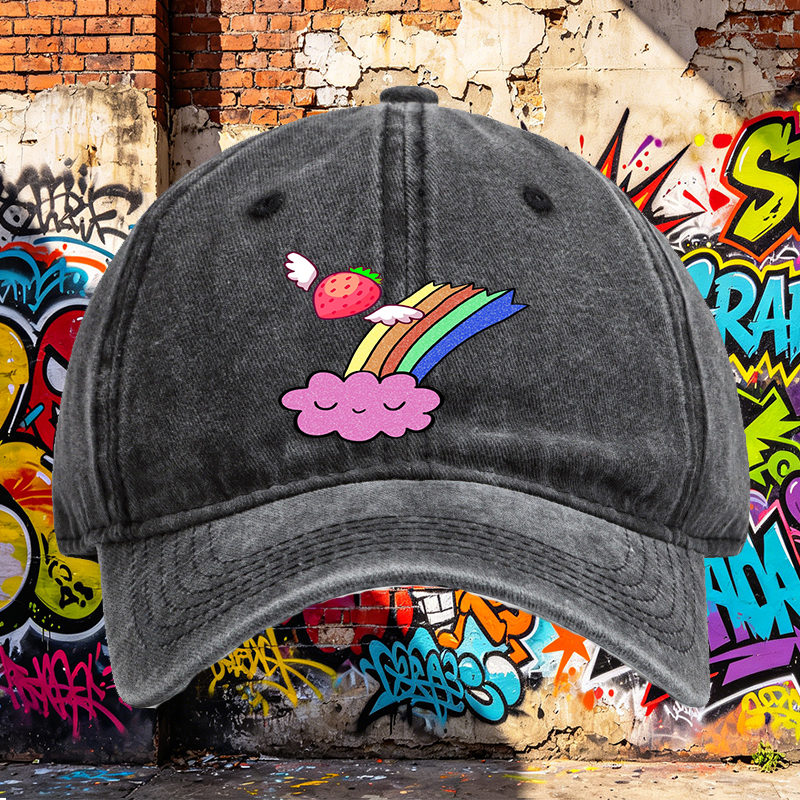 Unisex Classic Washed Cap with Flying Strawberry Rainbow Cloud Print - Perfect for Casual Outings, Travel, and Everyday Wear - Ideal for Teens and Young Adults Seeking Fun, Colorful Streetwear Style