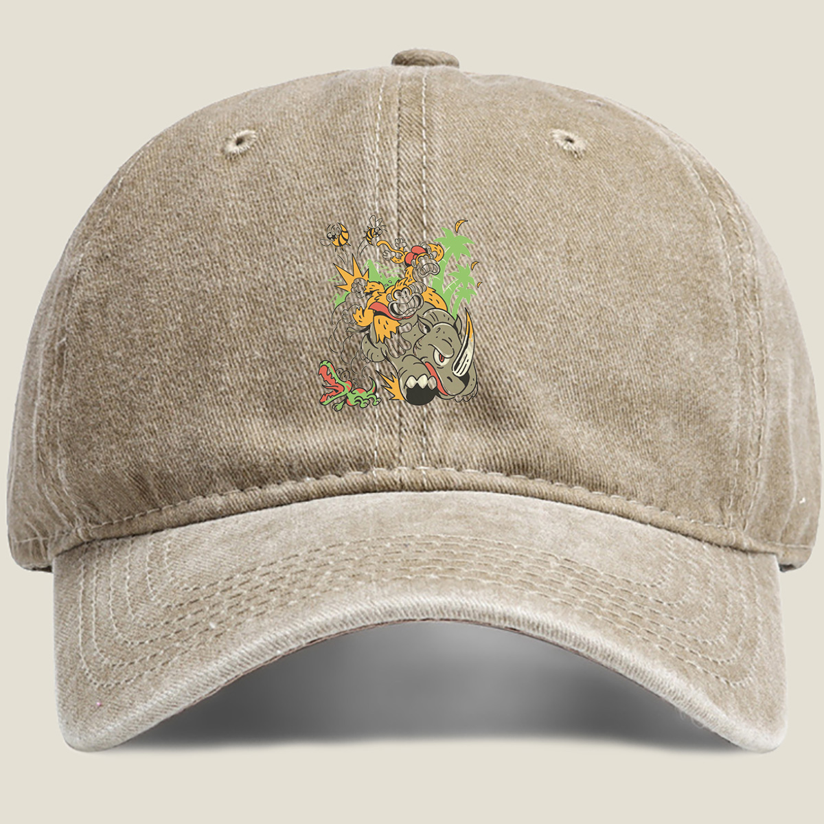 Donkey Kong and Diddy Kong Ride a Rhinoceros Through Jungle Chaos - Washed Denim - Baseball Cap