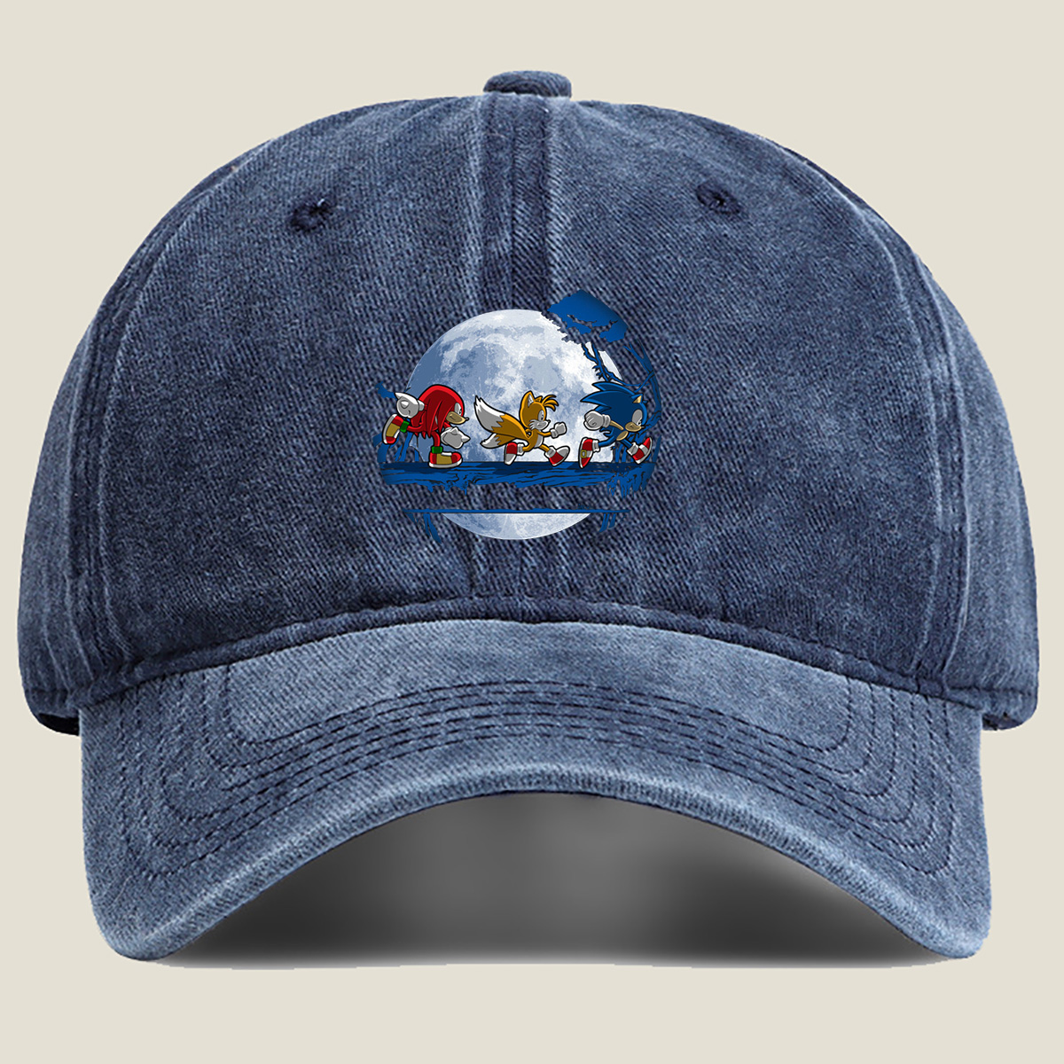 Sonic, Tails, and Knuckles Running Under the Moon - Washed Denim - Baseball Cap