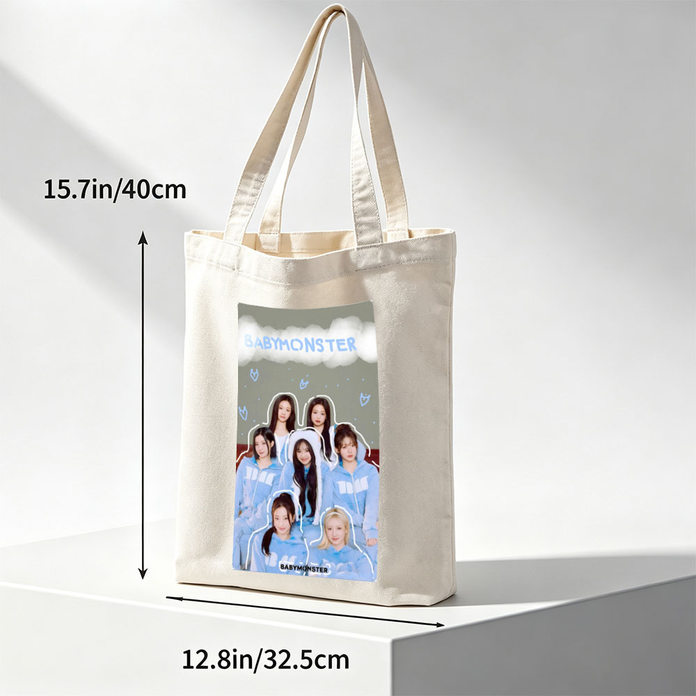 BABYMONSTER Group Photo in Matching Blue Hoodies with Cloud and Heart Design Background - Canvas tote bags