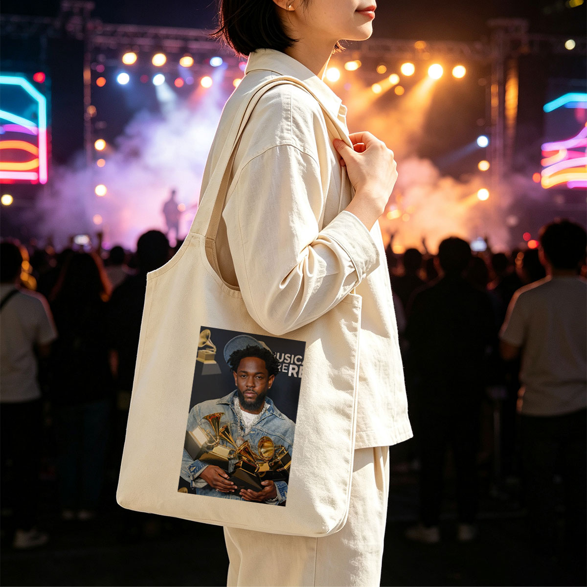 Kendrick Lamar at the Grammy Awards Holding Multiple Trophies - Canvas shoulder bags/