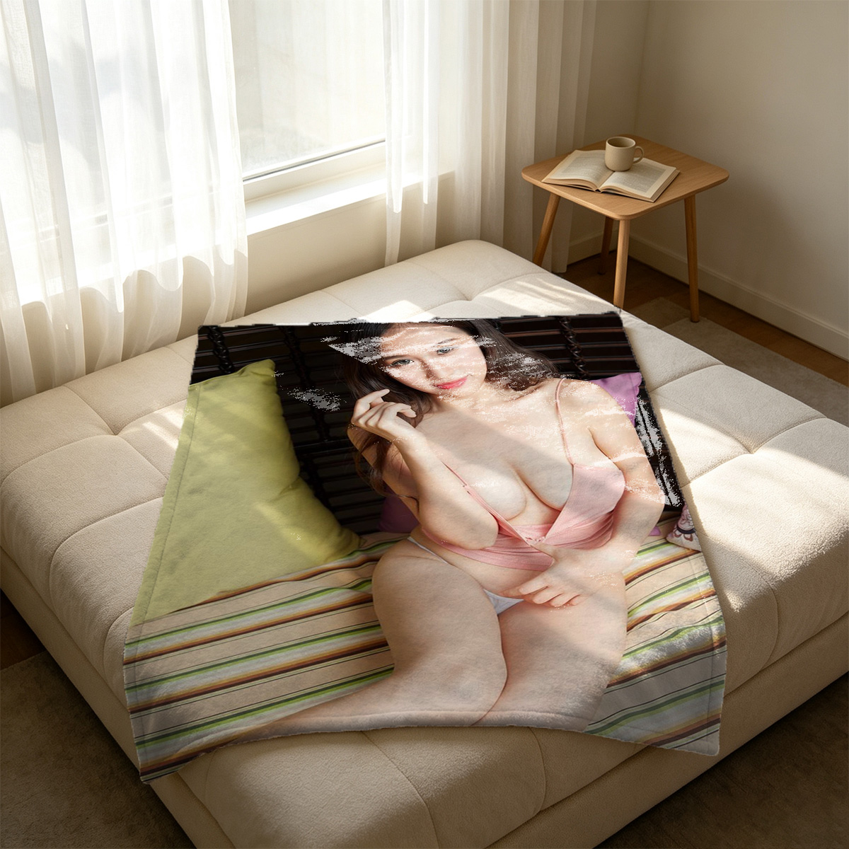Aya Oomasa in white tank top and mint green bikini lying on wooden porch. - Blanket