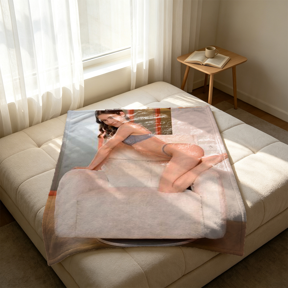 A young Asian woman in a white off-shoulder sweater and white panties, posing seductively indoors. - Blanket