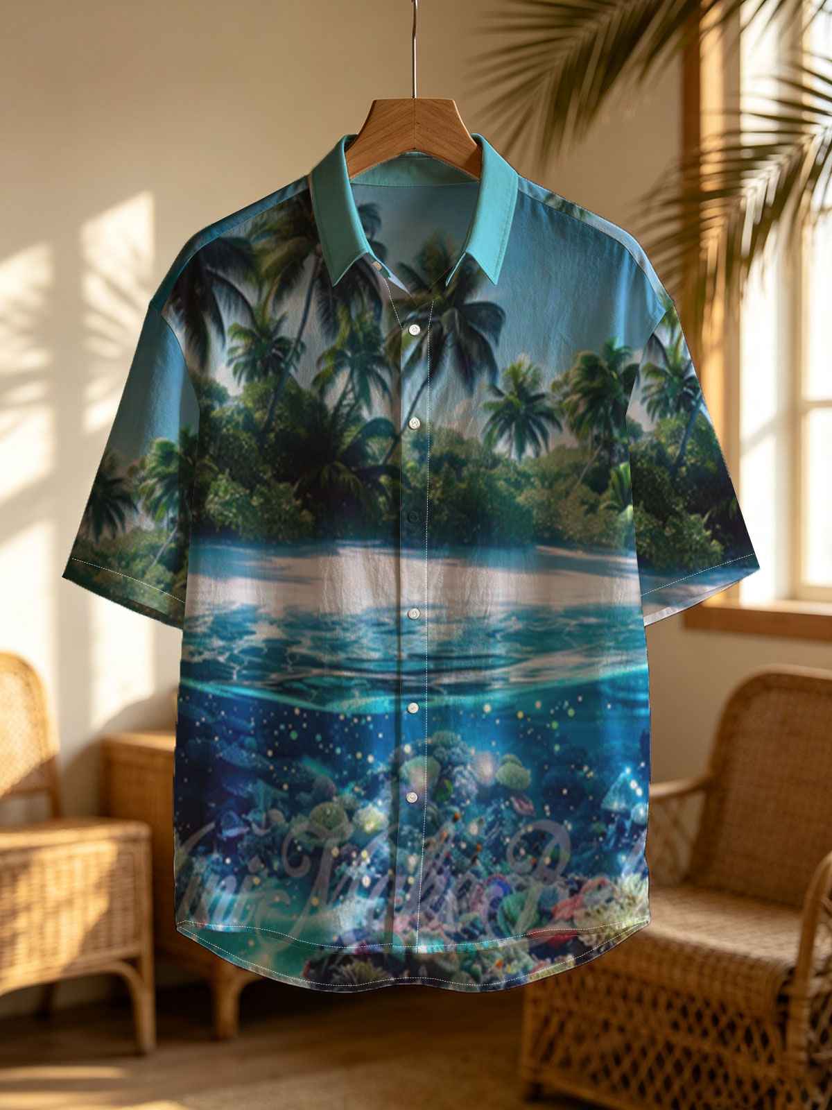 Tropical Paradise with Vibrant Coral Reef and Palm Trees -  Shirt
