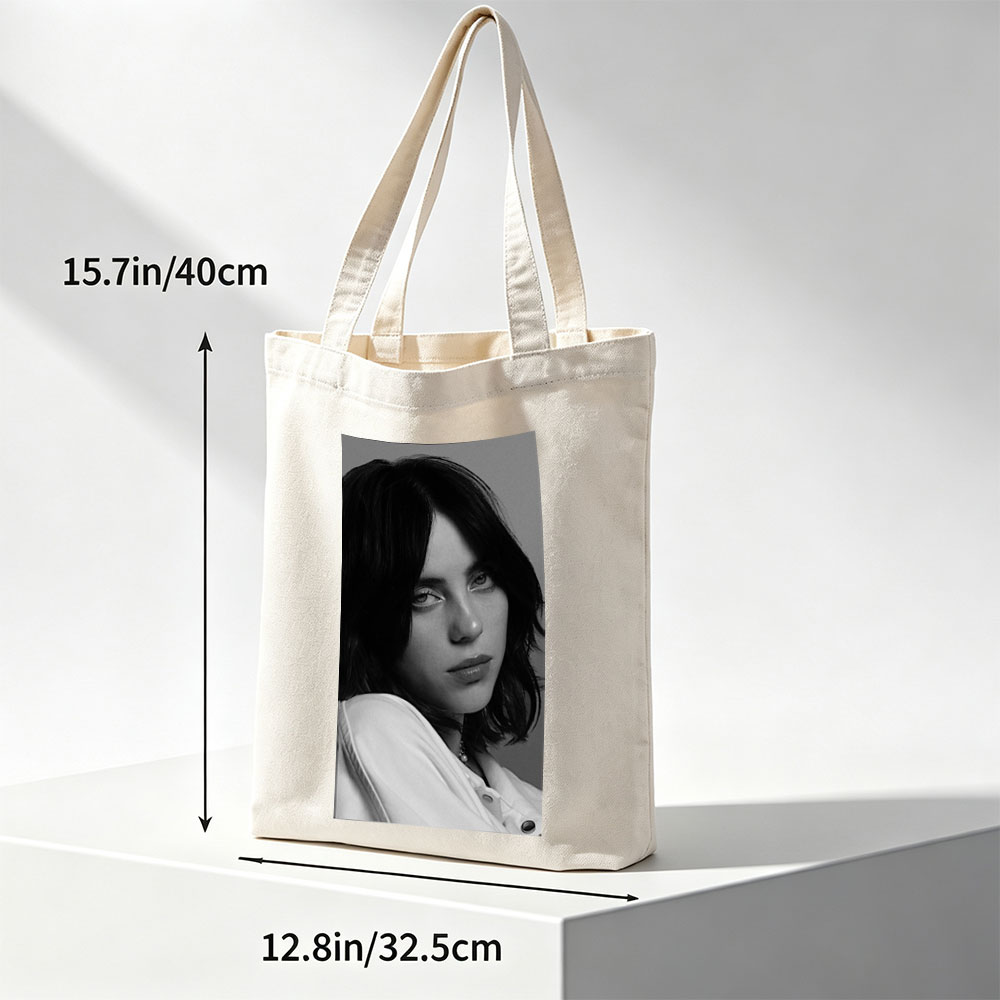 Billie Eilish in a Monochrome Portrait Wearing a White Shirt with a Delicate Necklace - Canvas tote bags