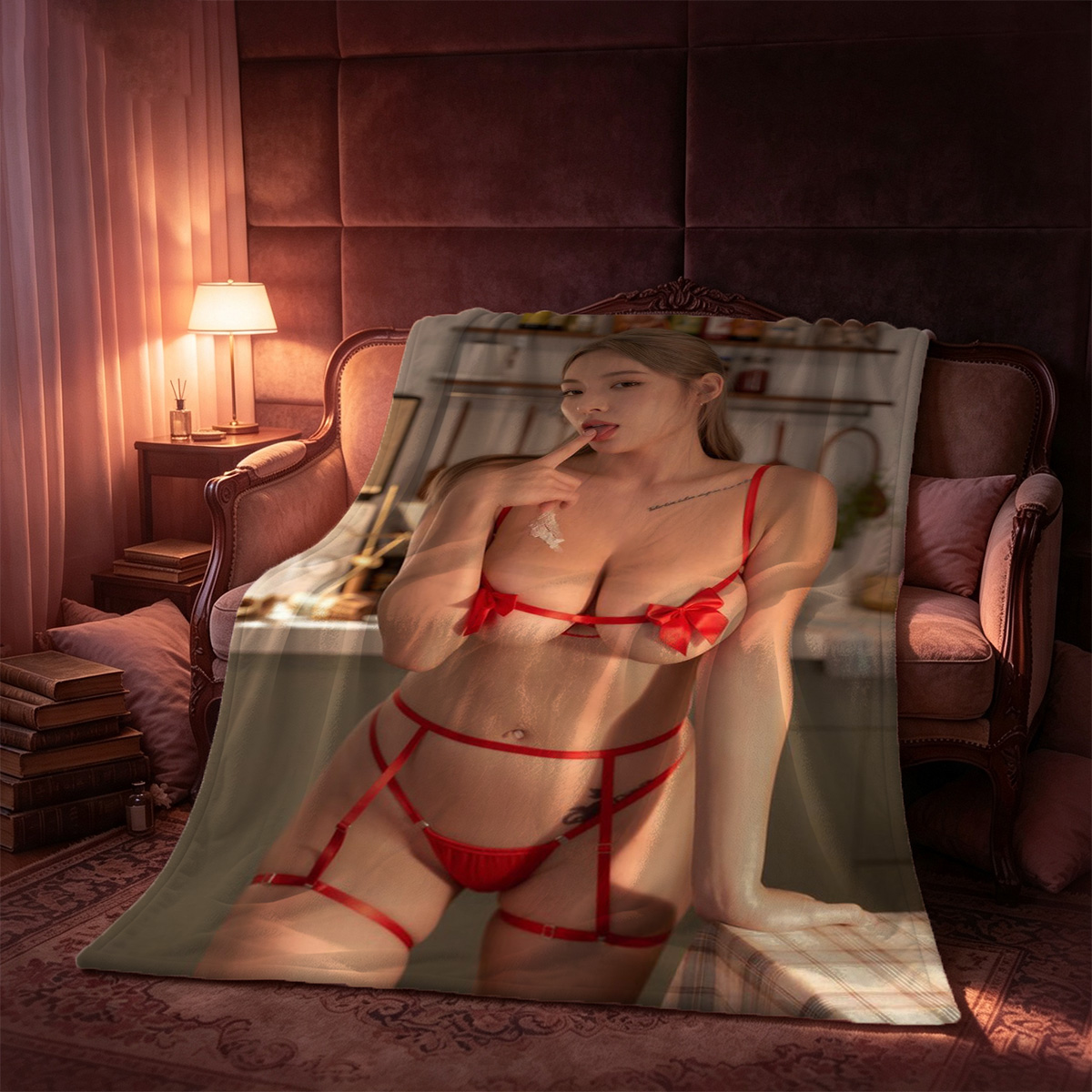 Two women in lingerie posing on bed, one in pink sports bra and black thong, the other in lime green bikini. - Blanket