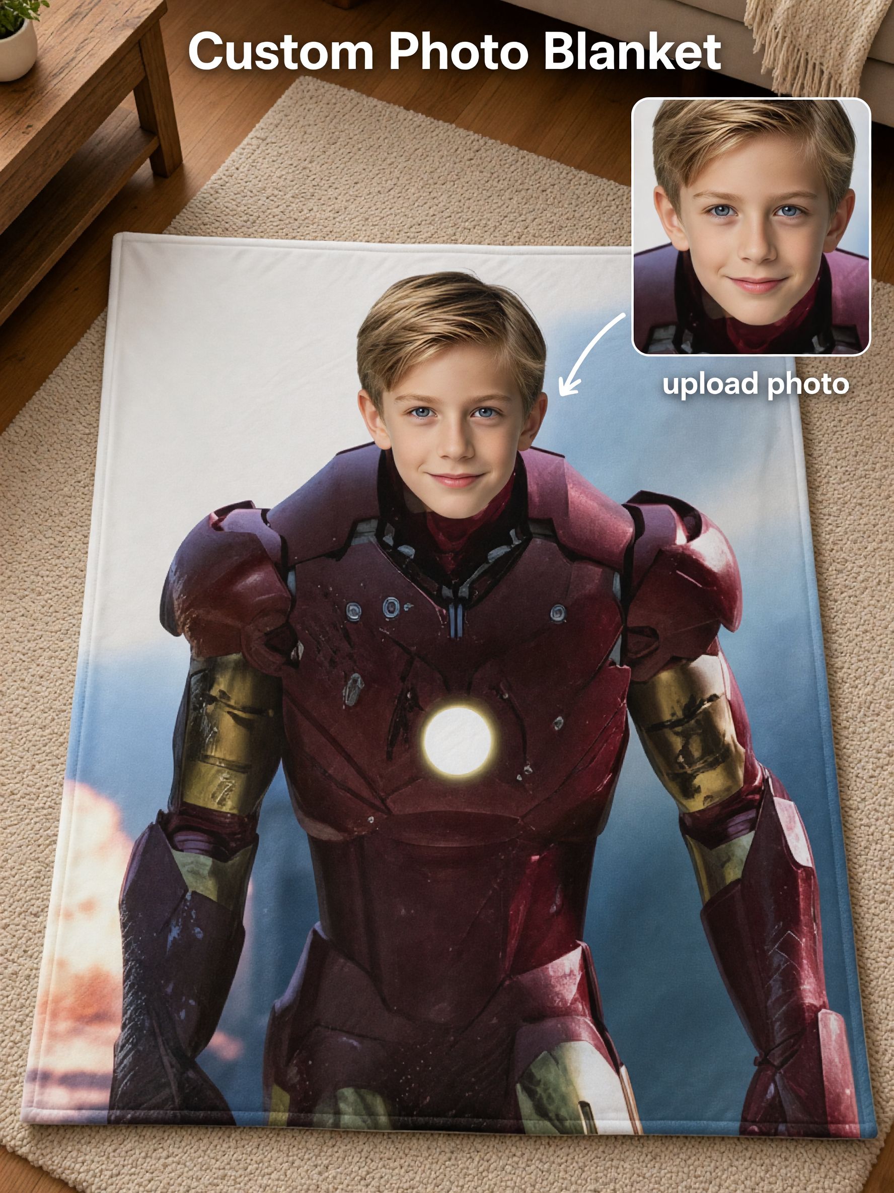 Custom Superhero Face Photo Blanket Personalized Ultra Soft Flannel Throw Anti-Pilling Cozy Warmth Gift for Couch Bed