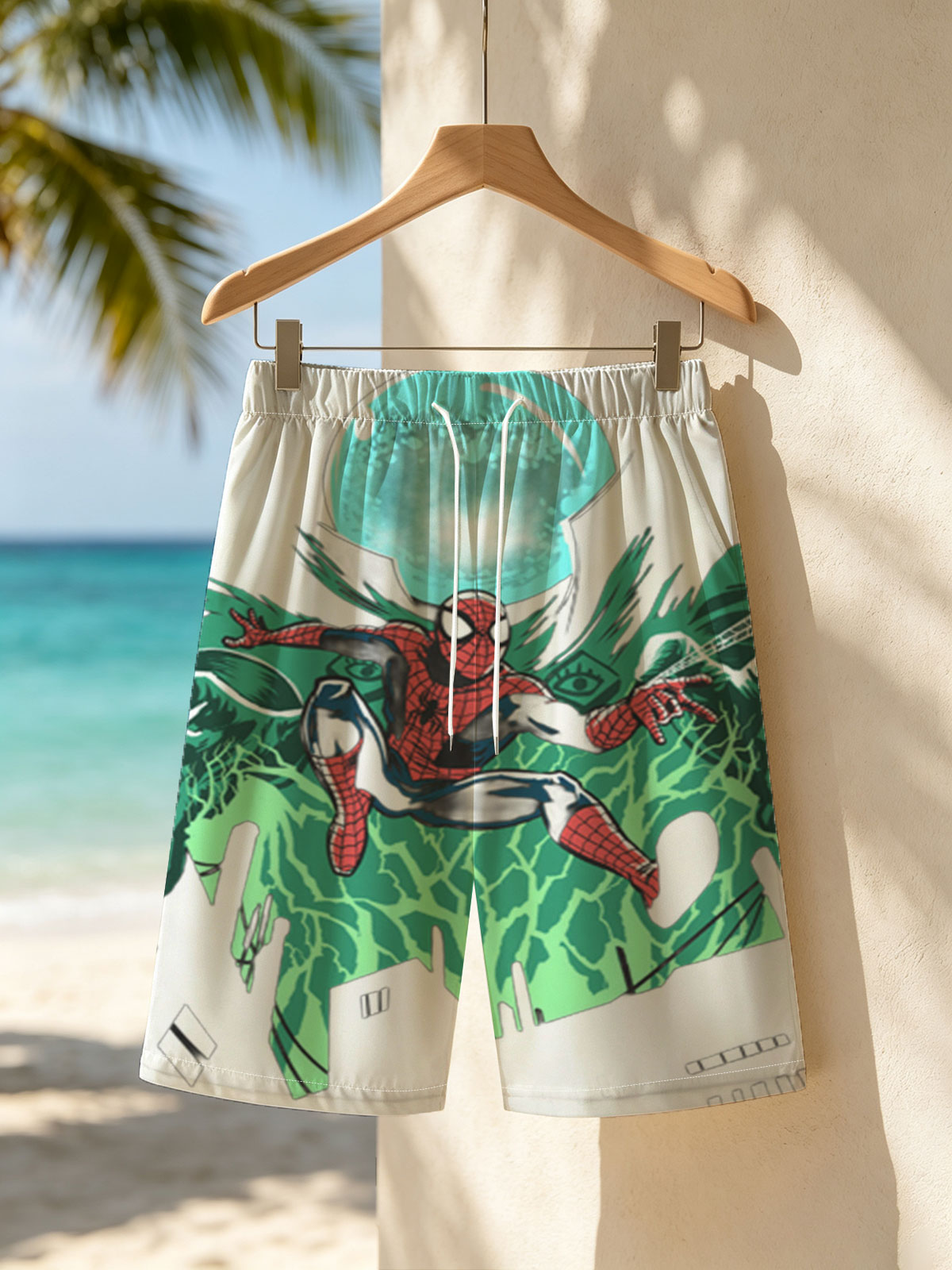 Spider-Man Swings Through the City Under a Glowing Moon -  Beach shorts