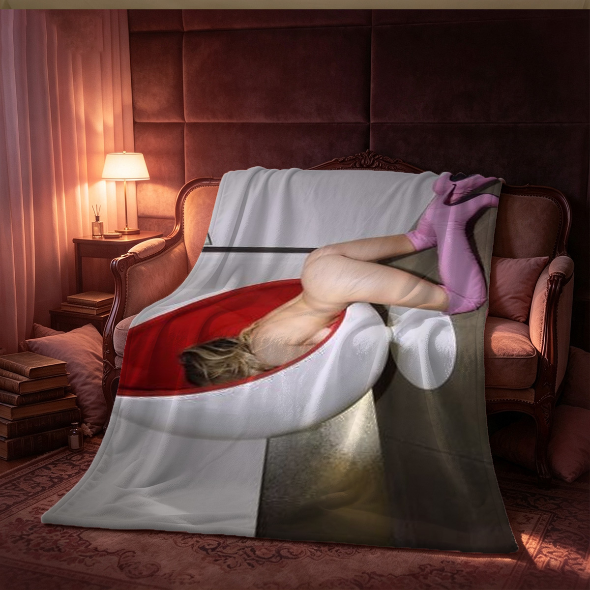 Katrina Bowden in black fishnet bodysuit on bed - Blanket