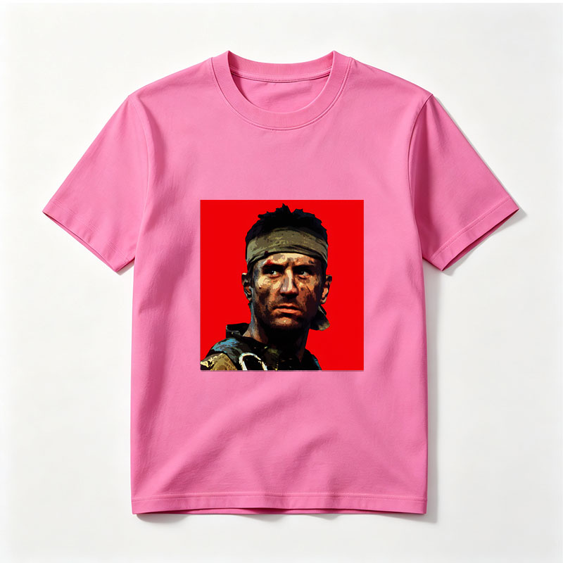 John McClane in Die Hard, intense action hero with headband and rugged look against red background - Tee