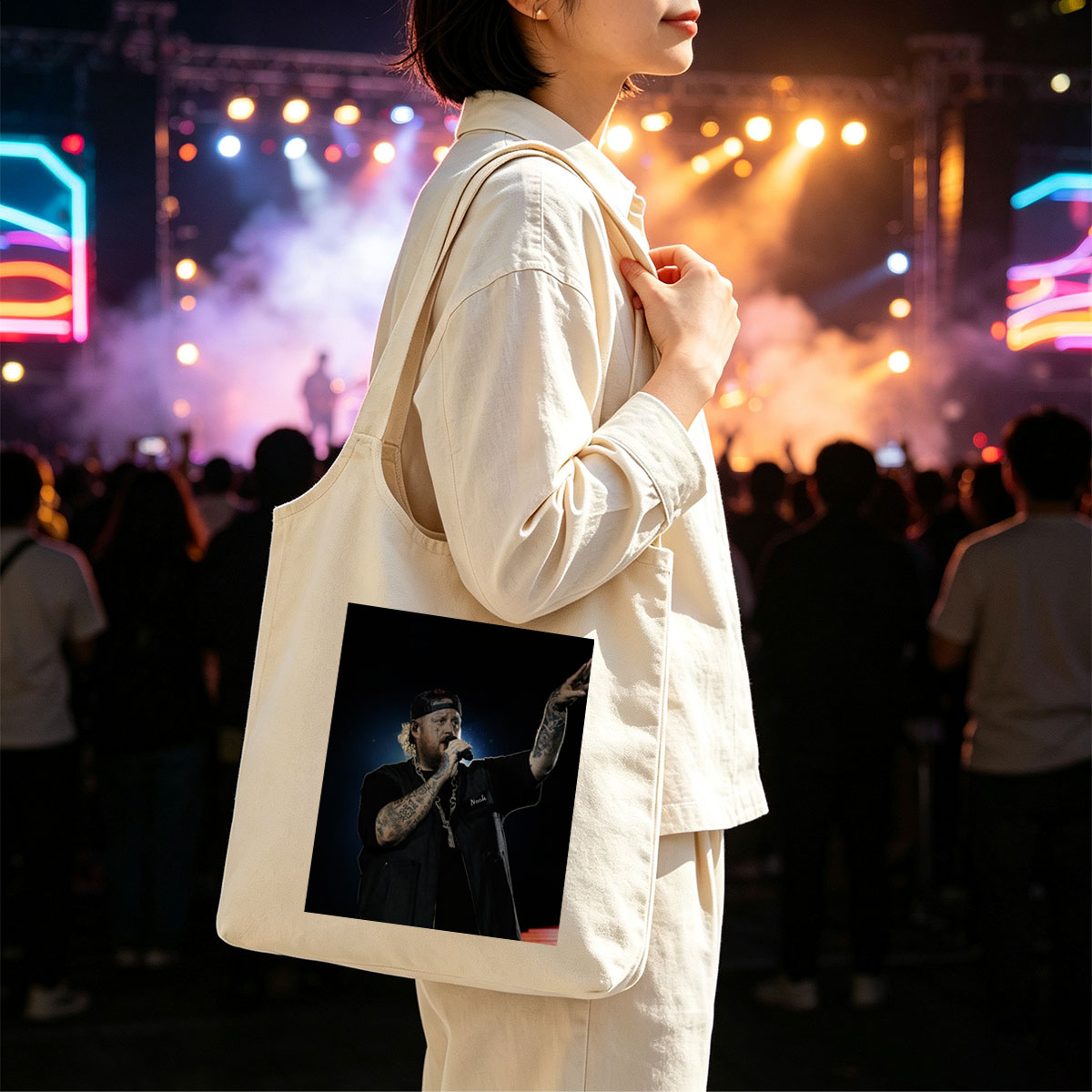 Jelly Roll Performing on Stage with Microphone and Tattooed Arms - Canvas shoulder bags/