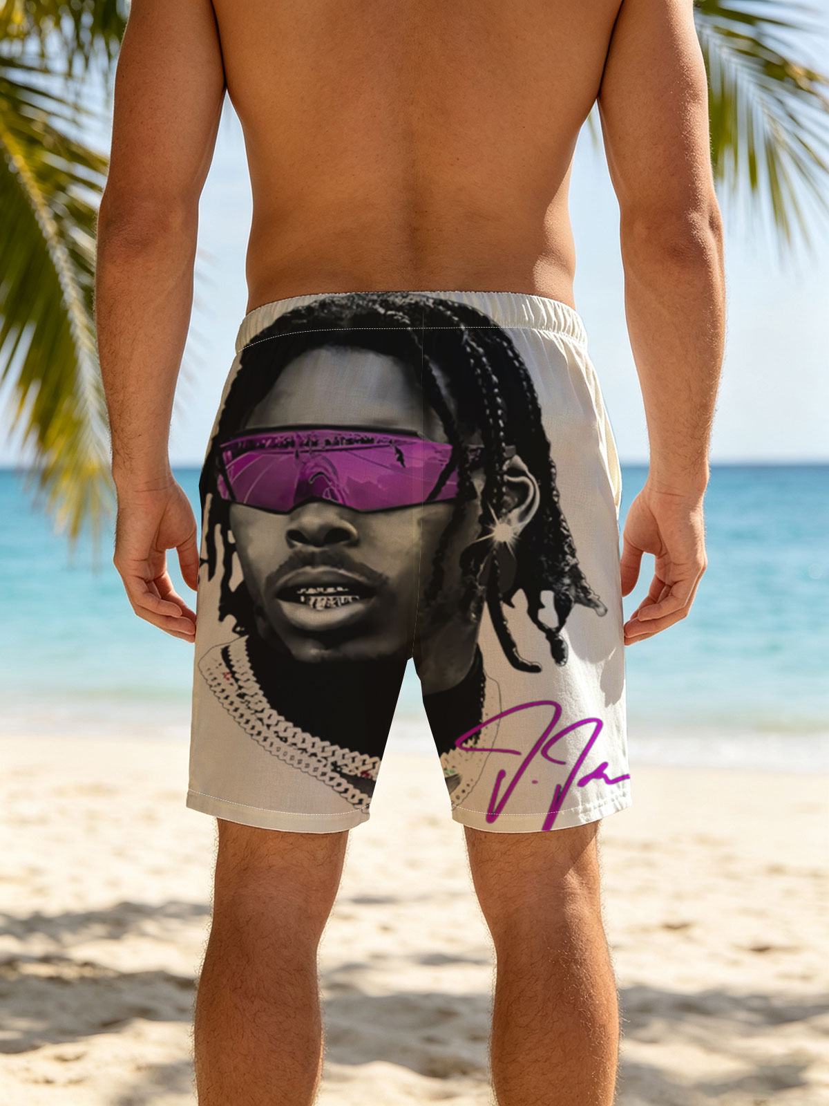 Lil Durk in Purple Sunglasses and Chain Necklace -  Beach shorts