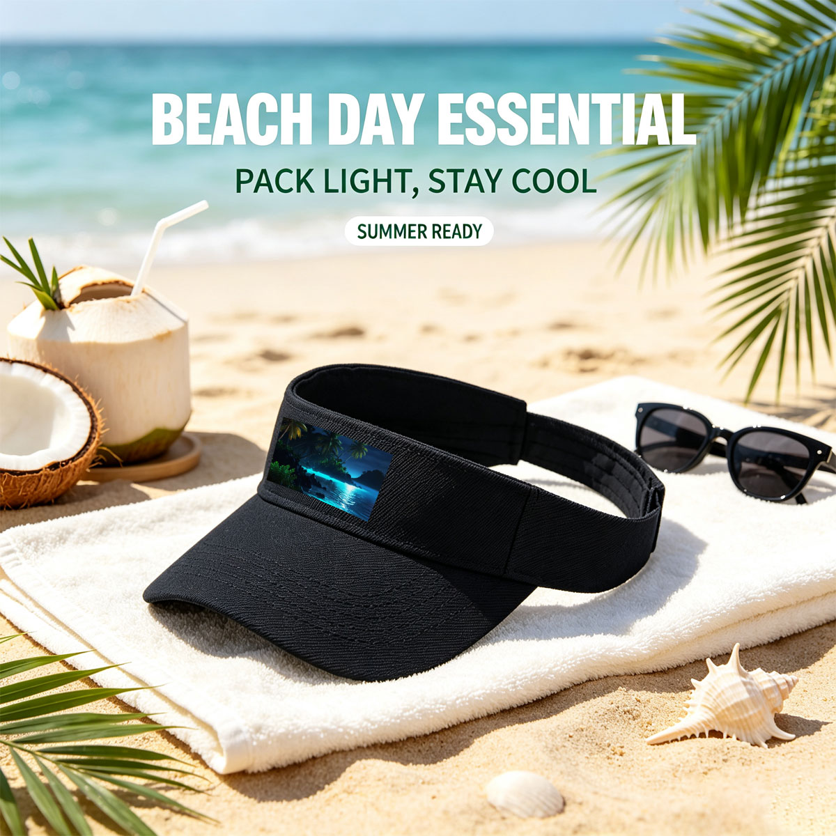 Moonlit Tropical Beach with Palm Trees and Glowing Water -  Visor cap