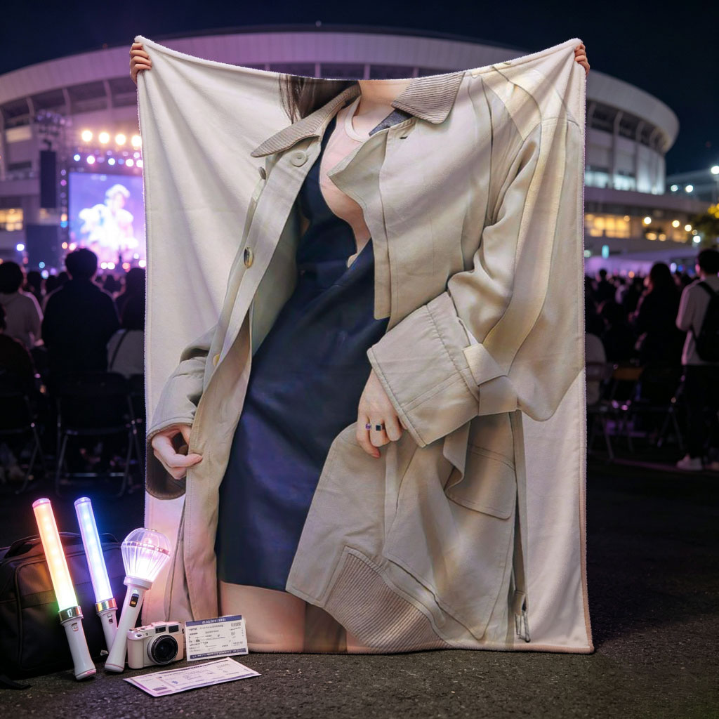 Kim Go Eun in a stylish urban look wearing a beige oversized coat over a navy blue dress, posing confidently against a neutral backdrop. - Blankets
