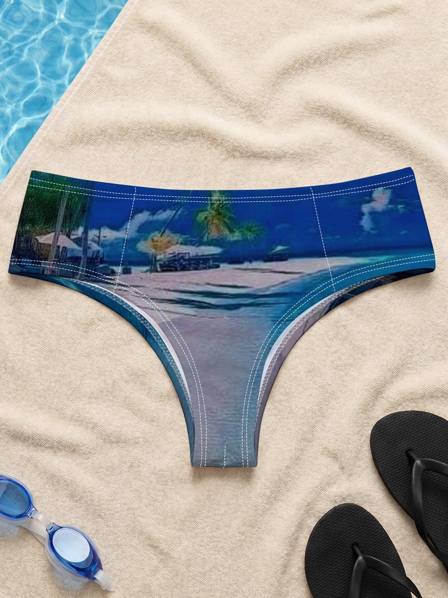 Serene beach with palm trees and turquoise waters under a clear blue sky. -  Men's swim trunks